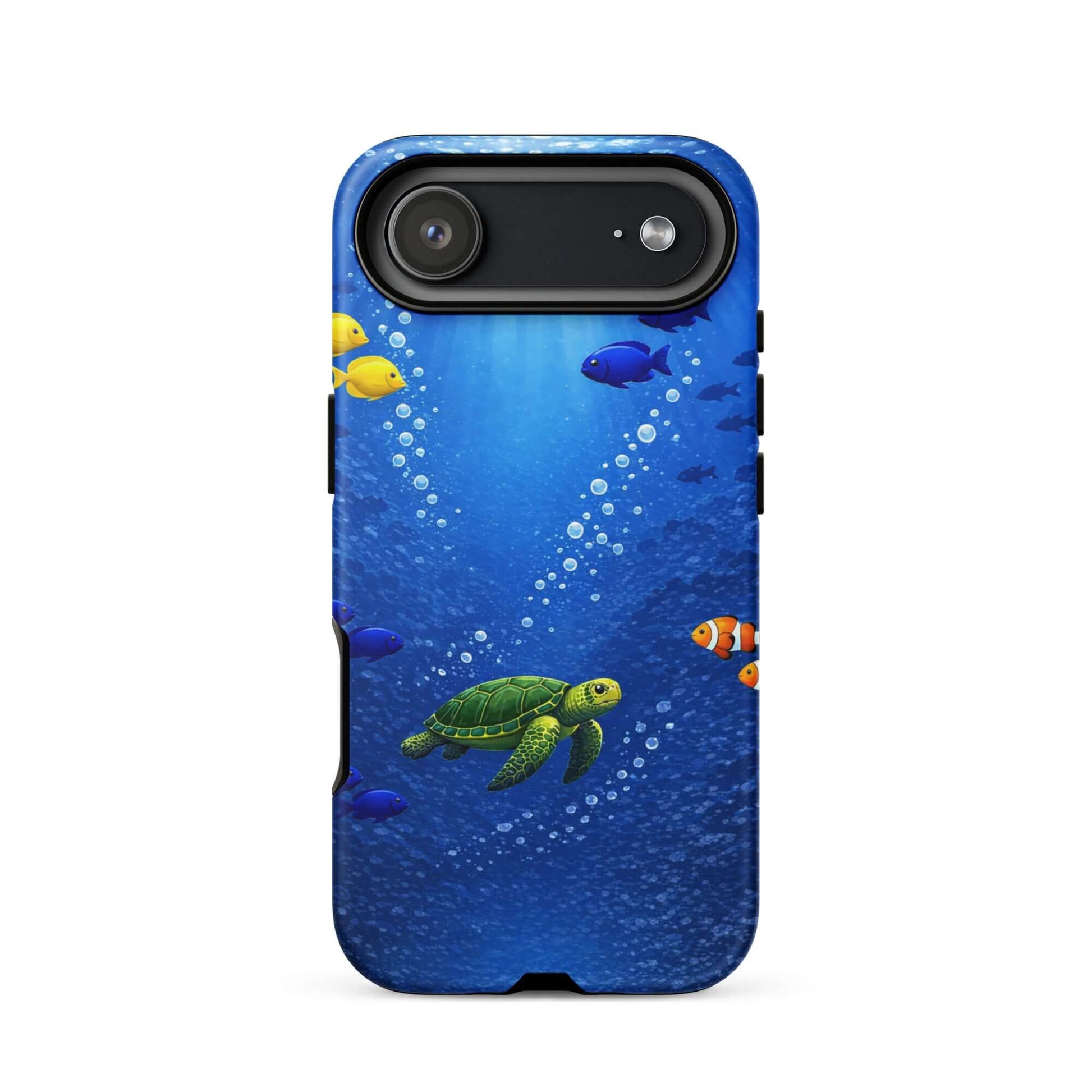 Phone Case featuring a vibrant sea turtle and tropical fish design against a blue ocean background.
