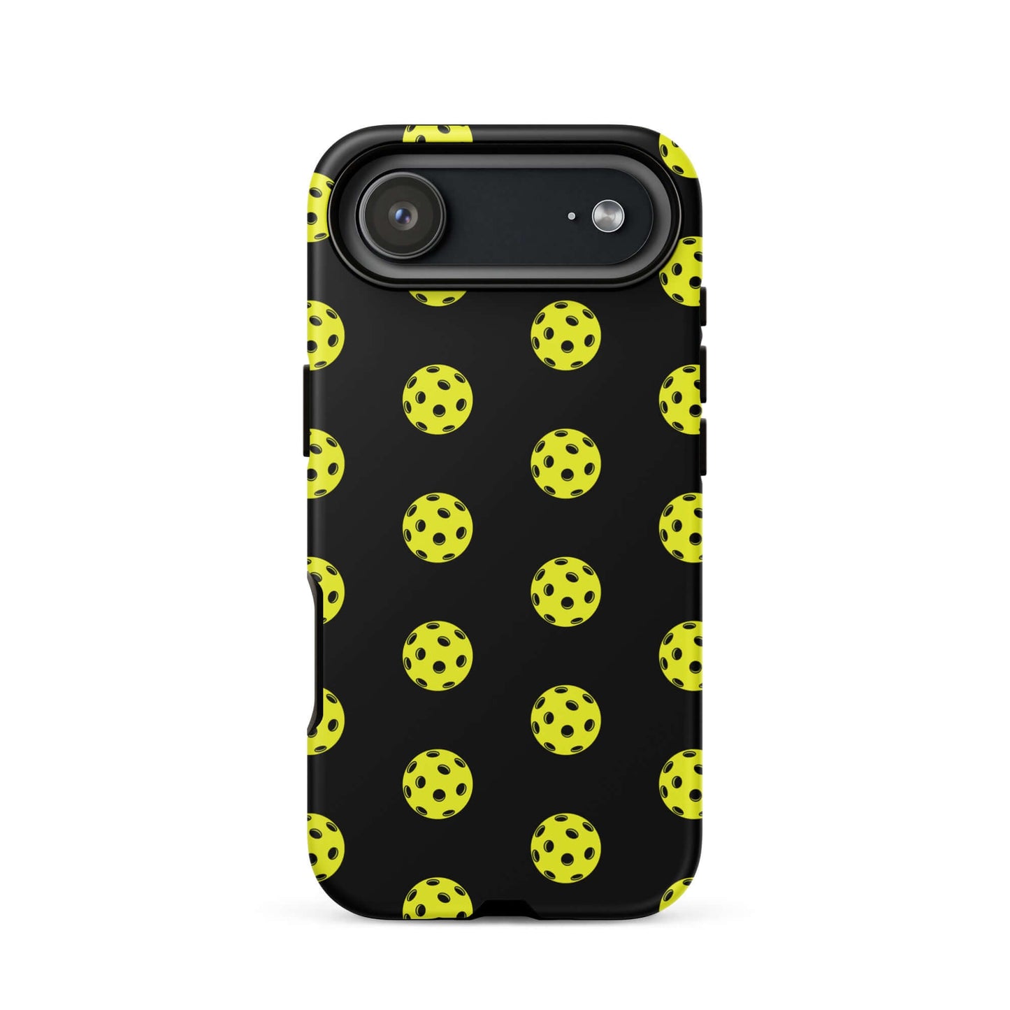 Phone Case featuring a bold pickleball pattern on a black background for sporty style.