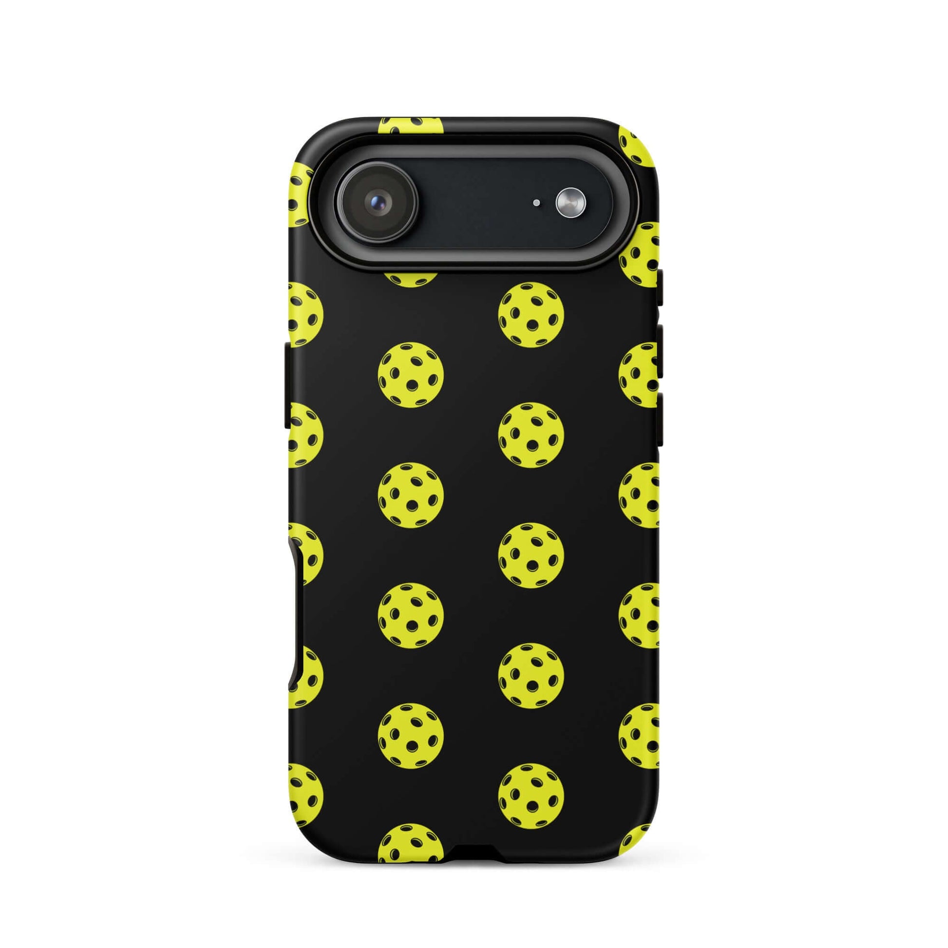 Phone Case featuring a bold pickleball pattern on a black background for sporty style.