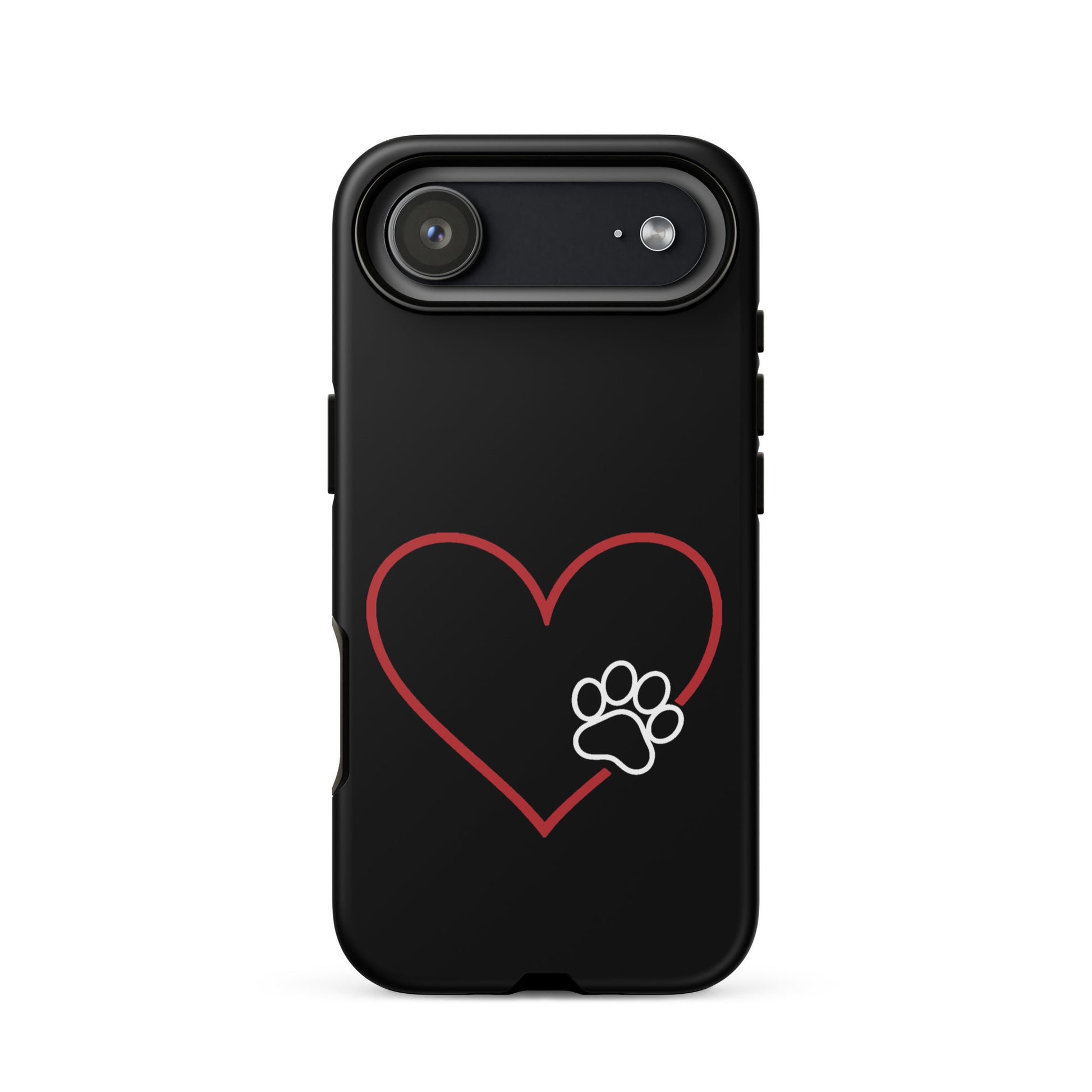 Phone Case for iPhone with heart and paw print design on a black background for pet lovers.