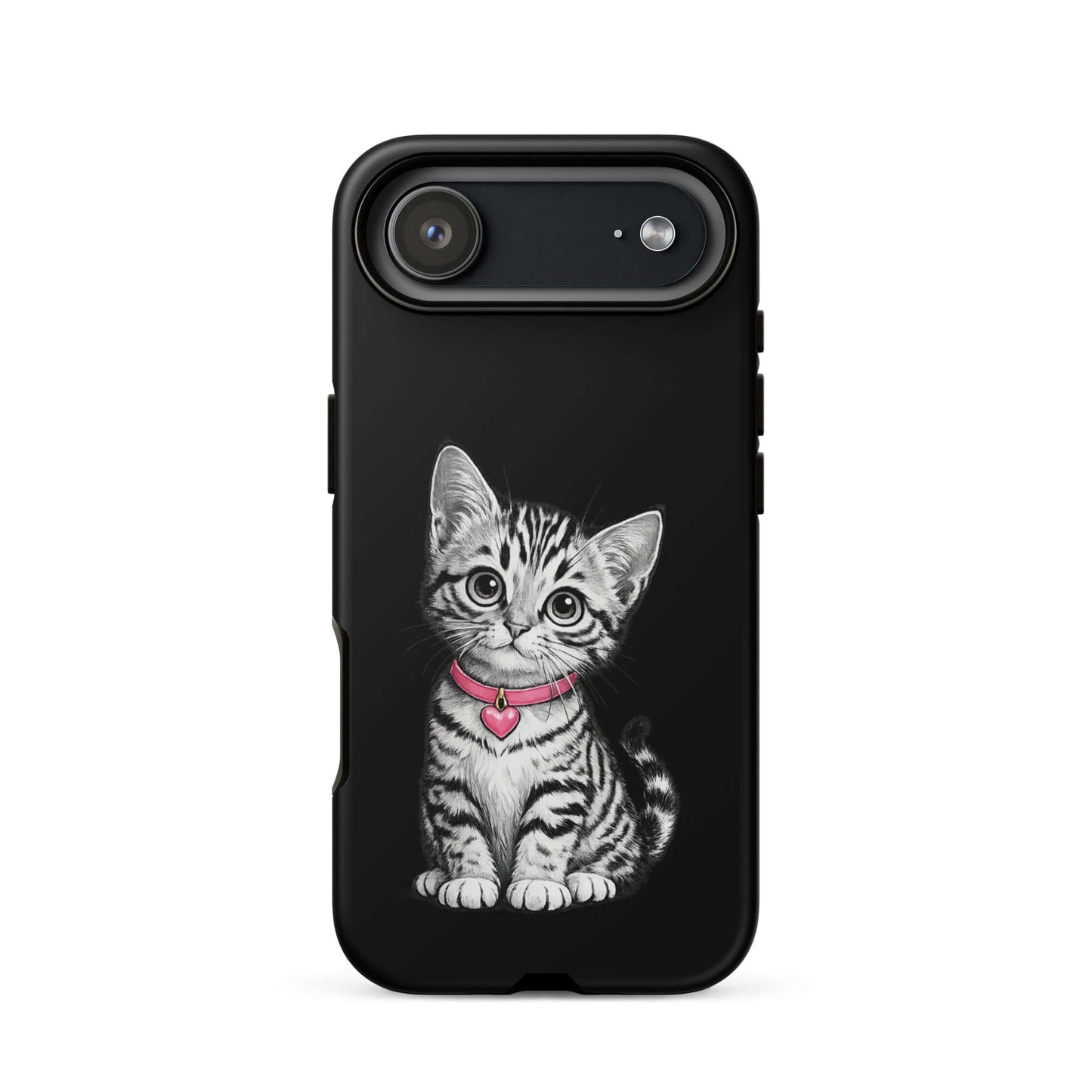Phone Case for iPhone with pencil sketch kitten and pink heart charm on black background