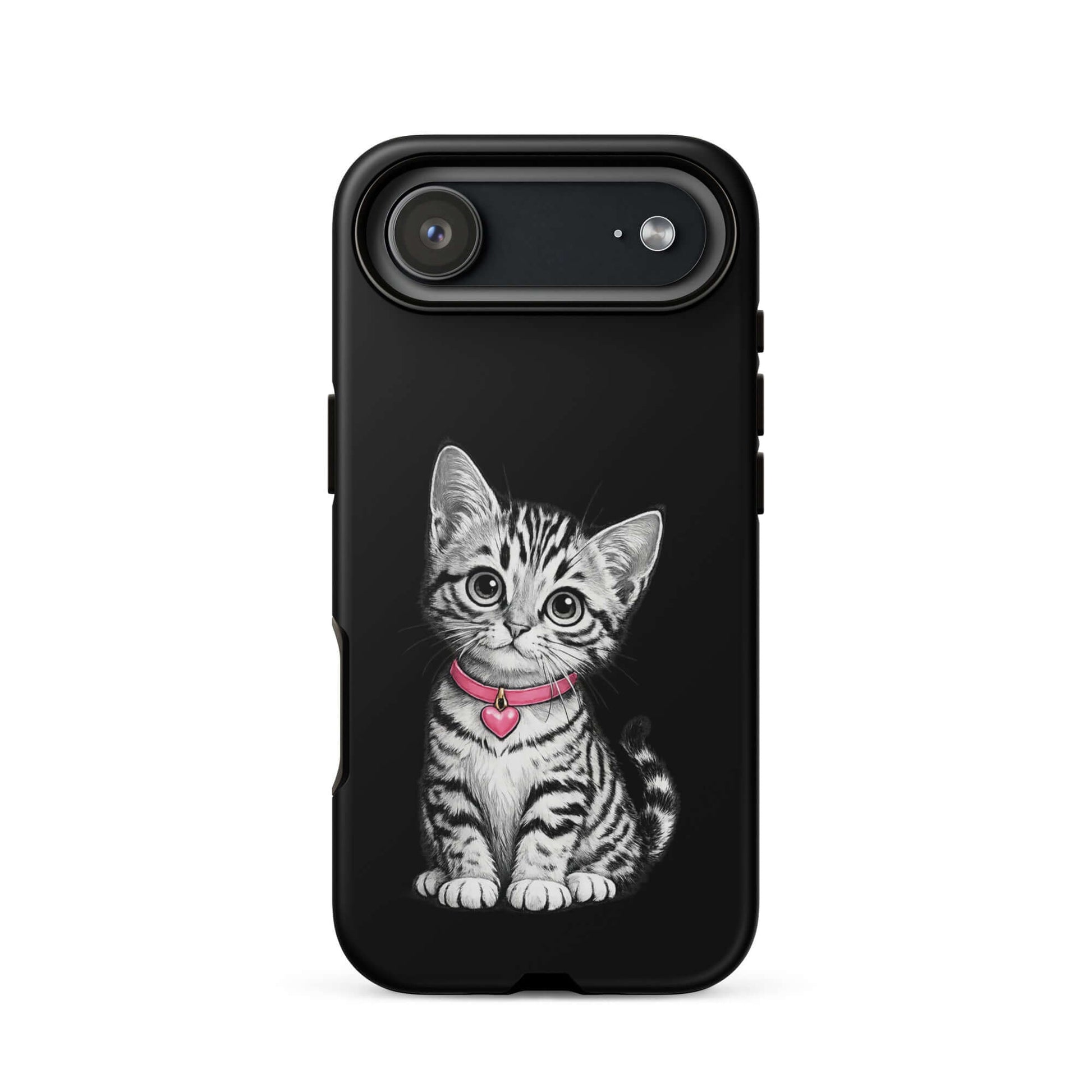 Phone Case for iPhone with pencil sketch kitten and pink heart charm on black background