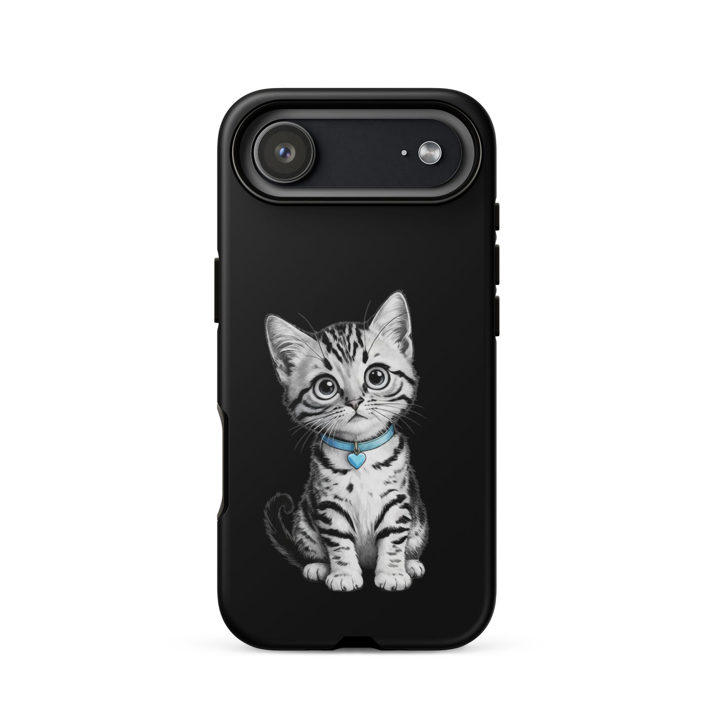 Phone Case for iPhone featuring sketch of kitten with blue heart charm, black and white artistic design on protective cover.