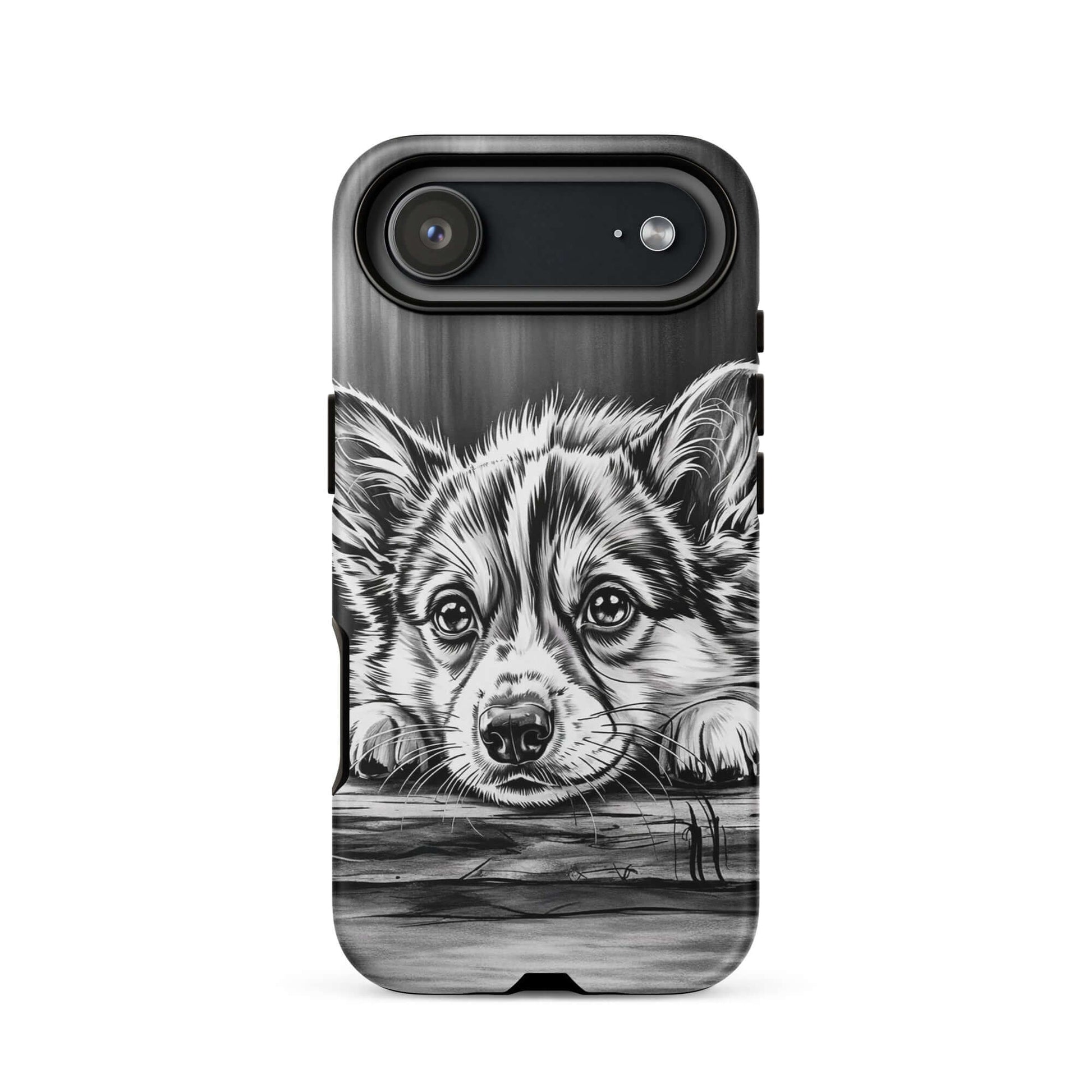 Phone Case with elegant puppy art, black-and-white illustration on wood texture, for iPhone, combines protection with artistic charm.