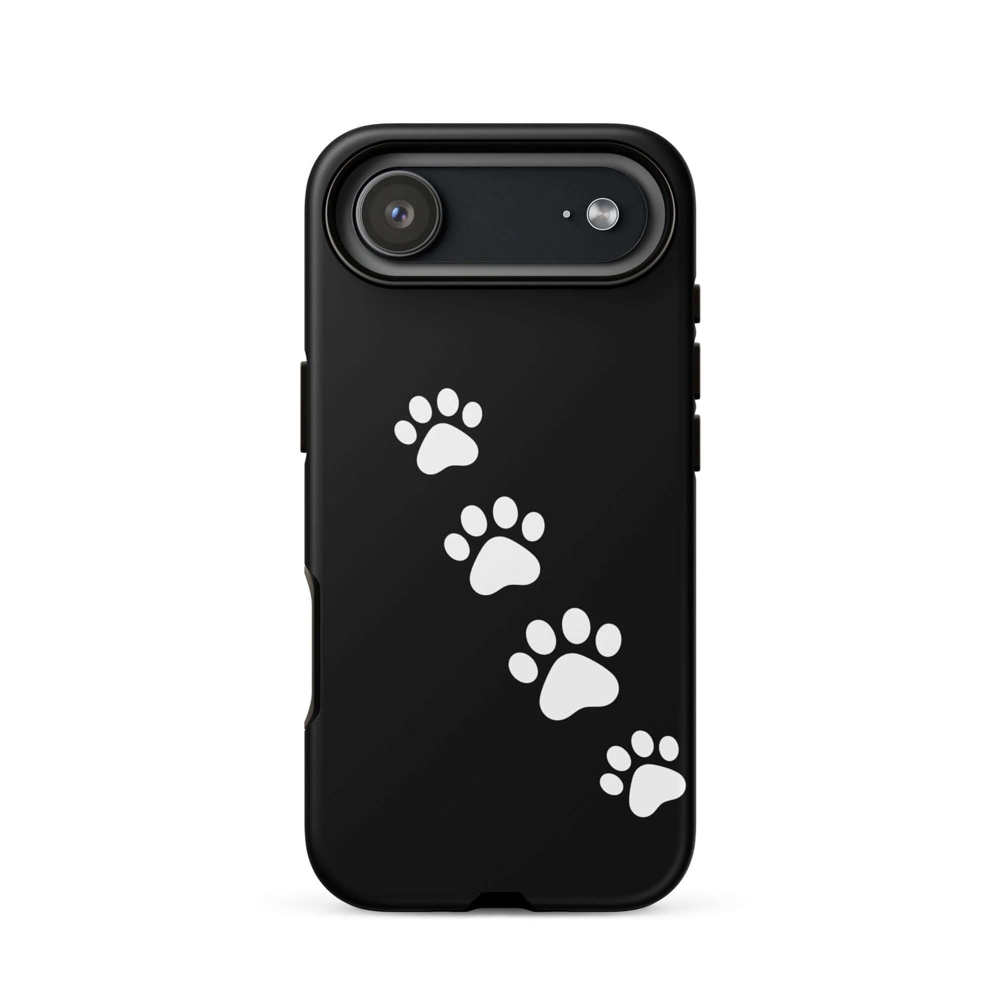 Phone case for iPhone with paw-print trail design, perfect for playful pet lovers, featuring white paw prints on a sleek black background.