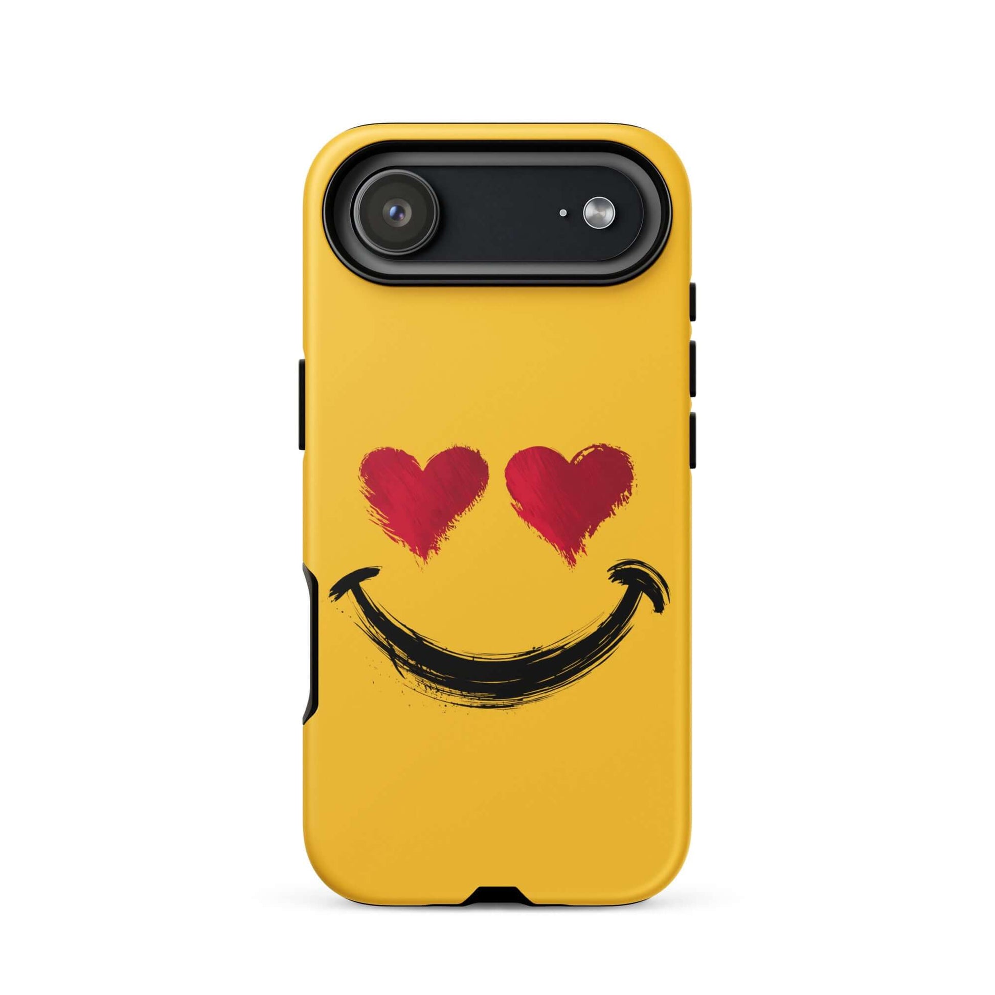 Yellow Phone Case with heart-eyes smiley art for iPhone, offering a bold style and luxury feel with vibrant colors and artistic textures.