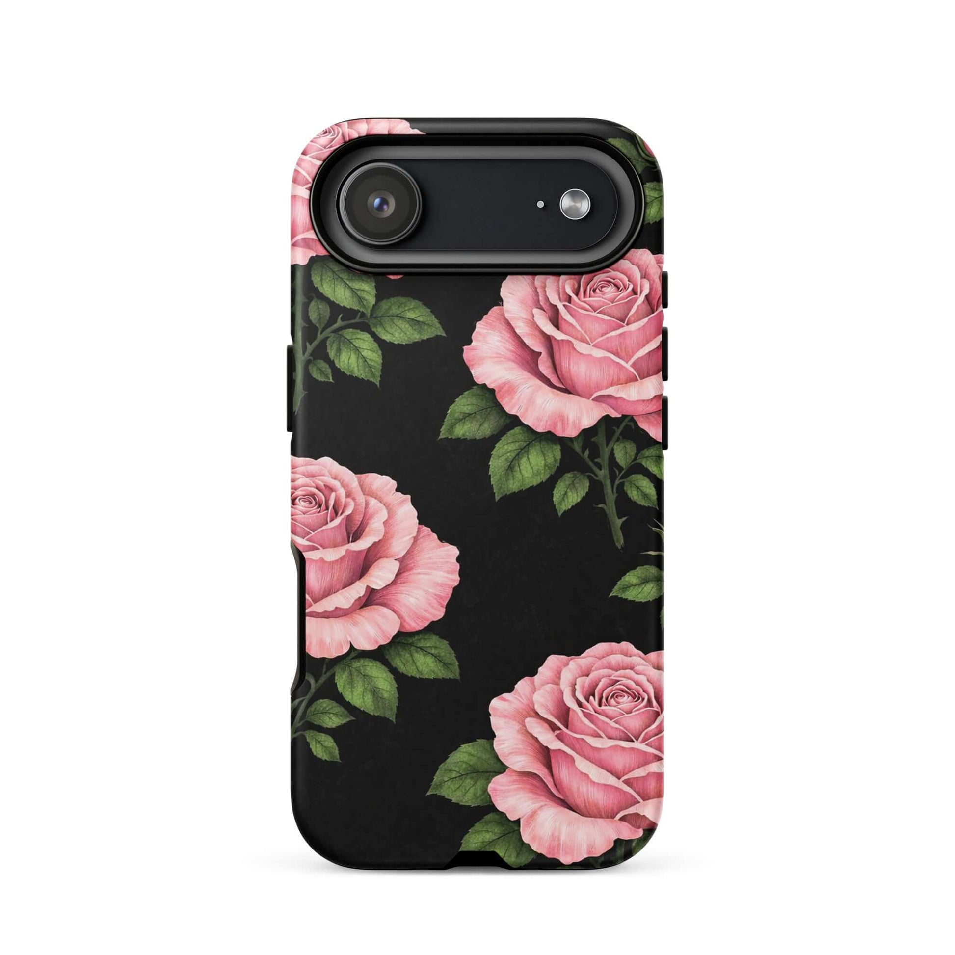 Phone Case with pink rose garden design on black background for iPhone