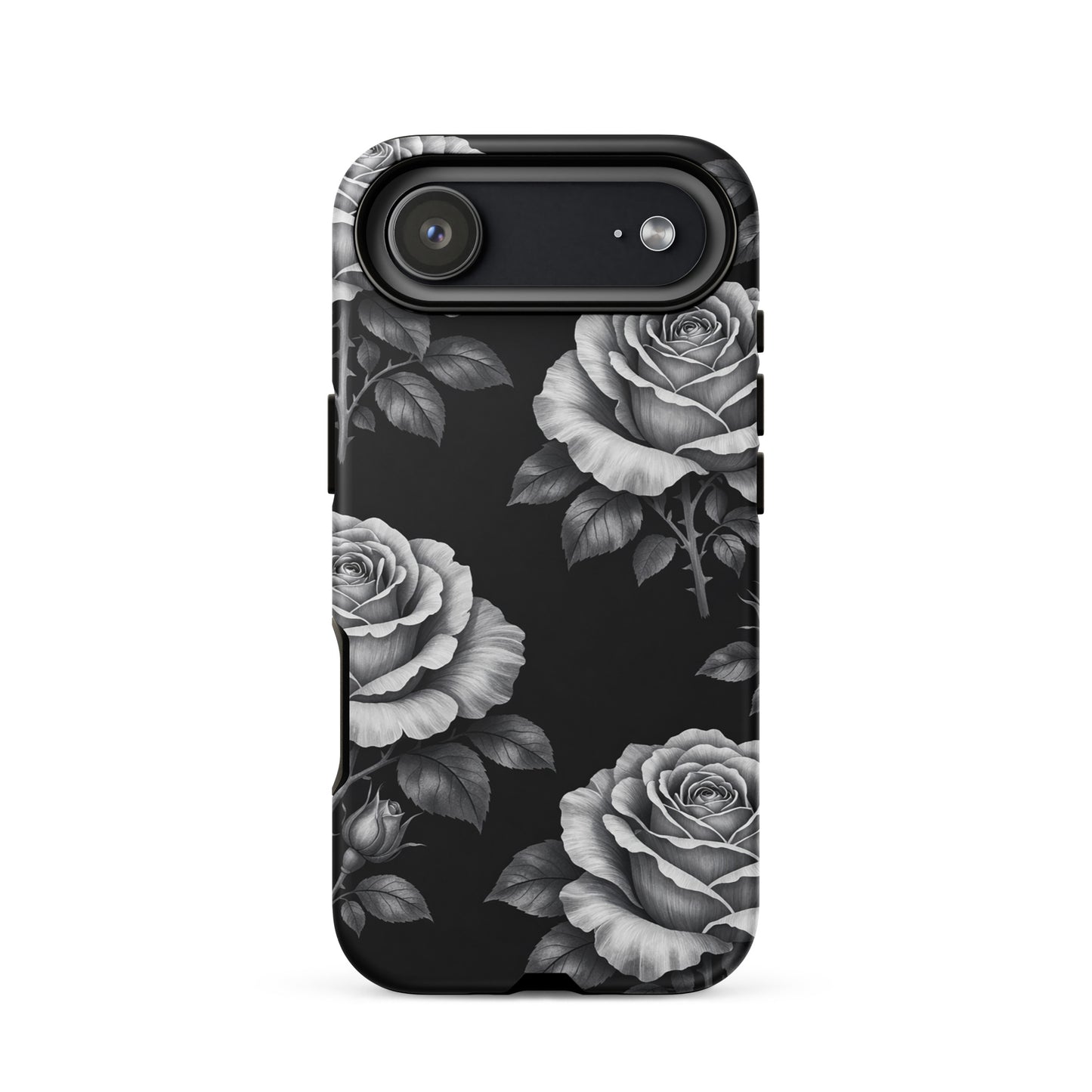 Phone Case featuring rose garden design with black background for iPhone, tough floral phone protection, elegant and playful style.