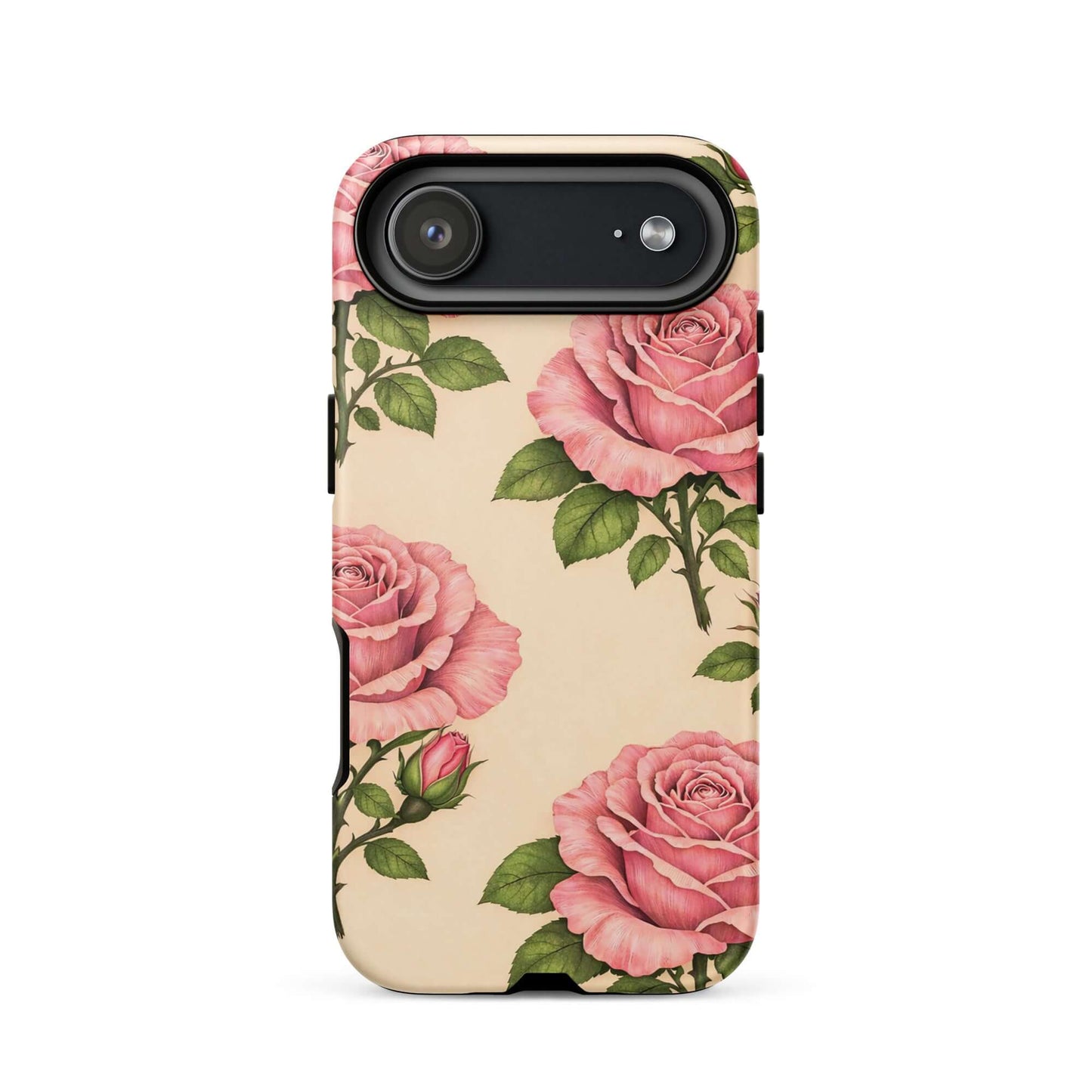 Phone Case with pink rose garden design on cream background, floral protection for iPhone.