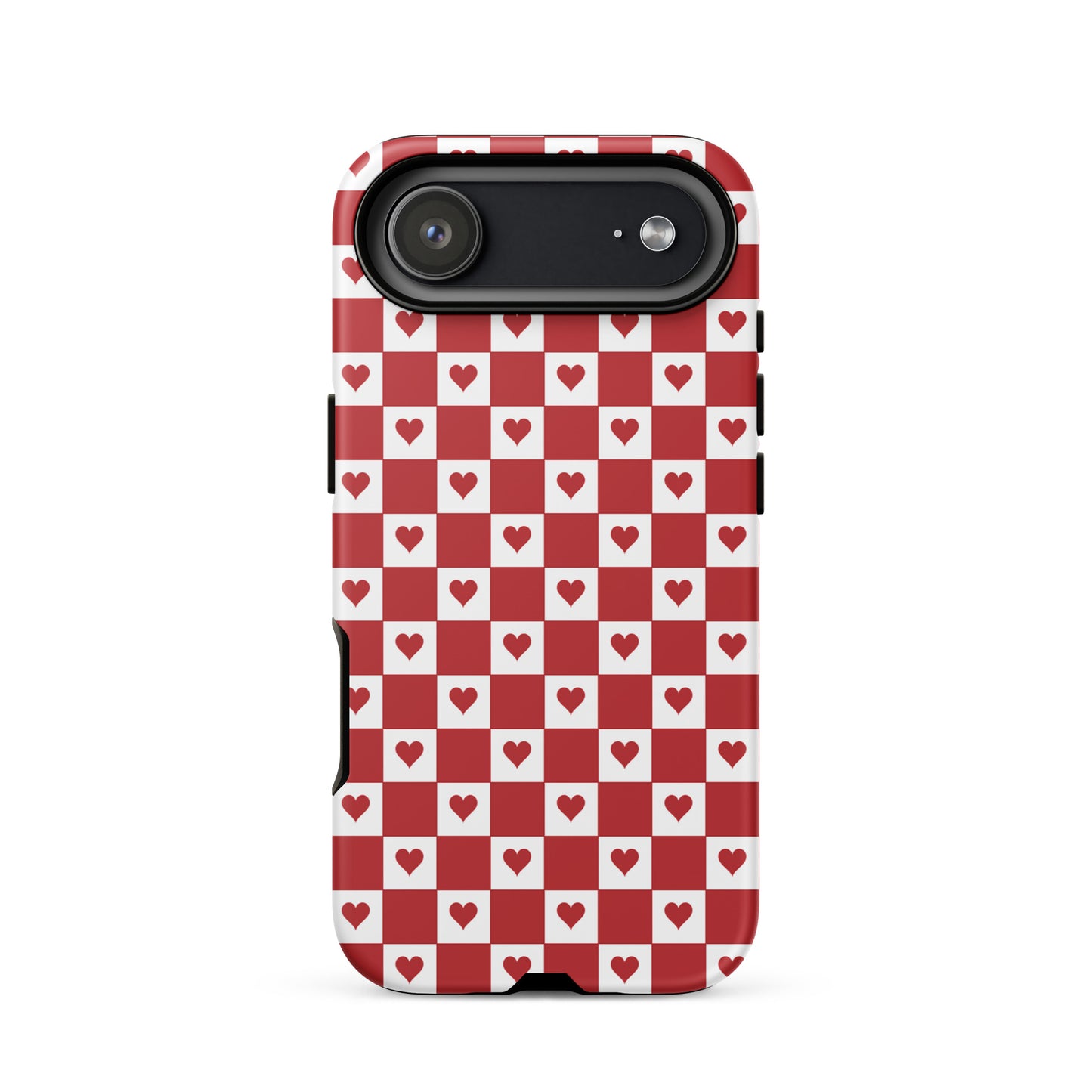 Cute red heart checkered design Phone Case for iPhone, charming pattern with crimson hearts for style and protection.