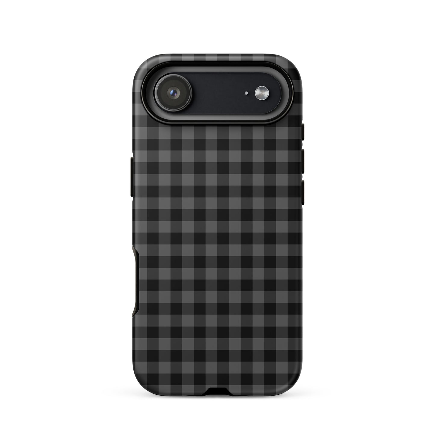 Phone Case in black-and-charcoal gingham pattern for iPhone, stylish and durable accessory offering modern protection.