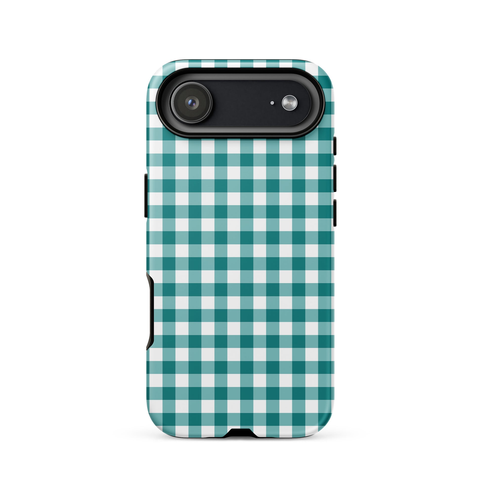 Phone Case with teal-and-white gingham pattern for iPhone offering style and protection