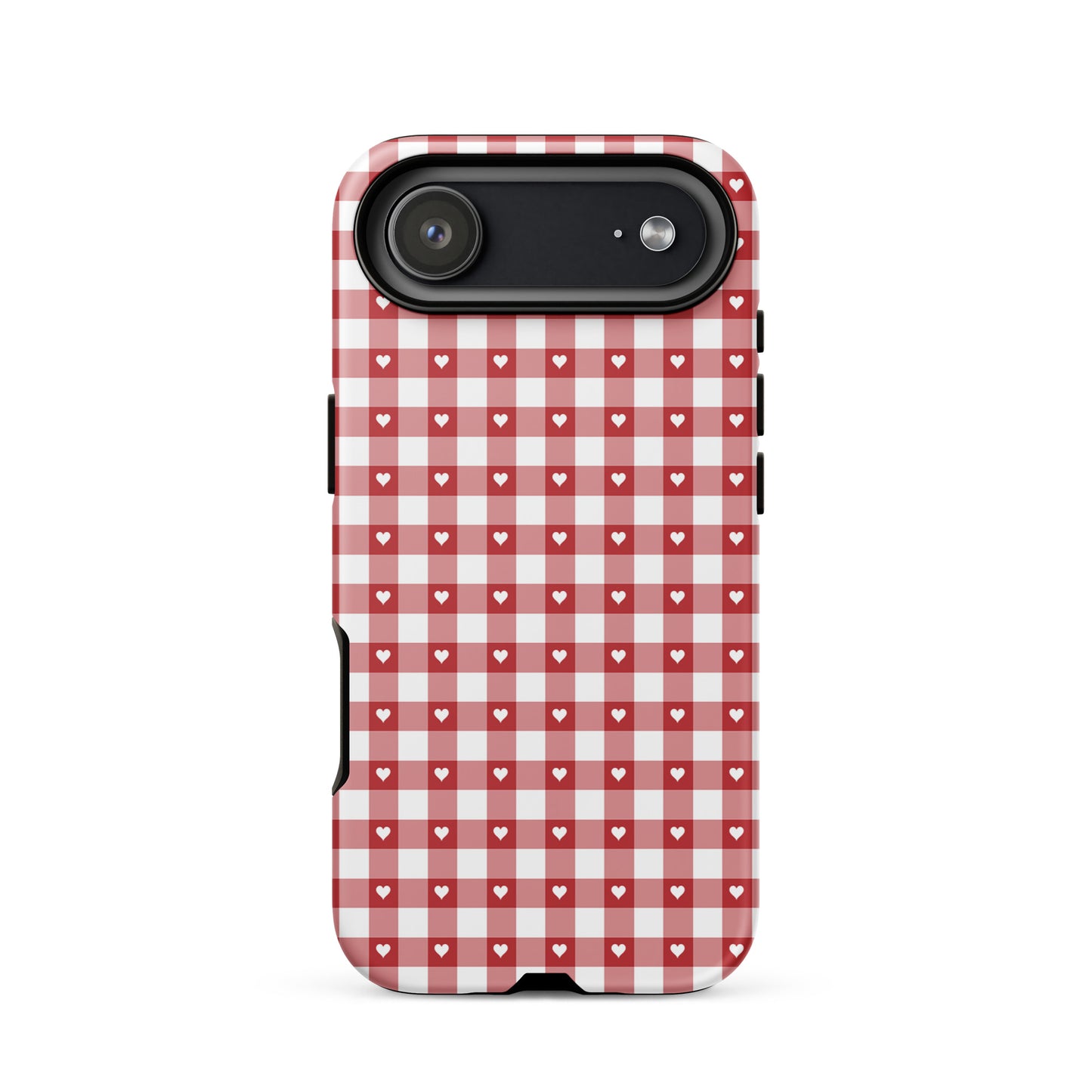 Phone Case for iPhone in red and white gingham pattern with hearts, offering stylish design and protection.