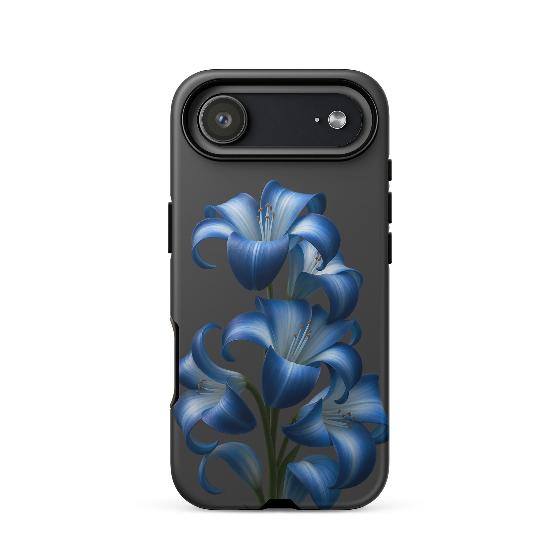 Phone Case for iPhone with blue lily bloom design on dark background, showcasing floral art and tough build for stylish protection.