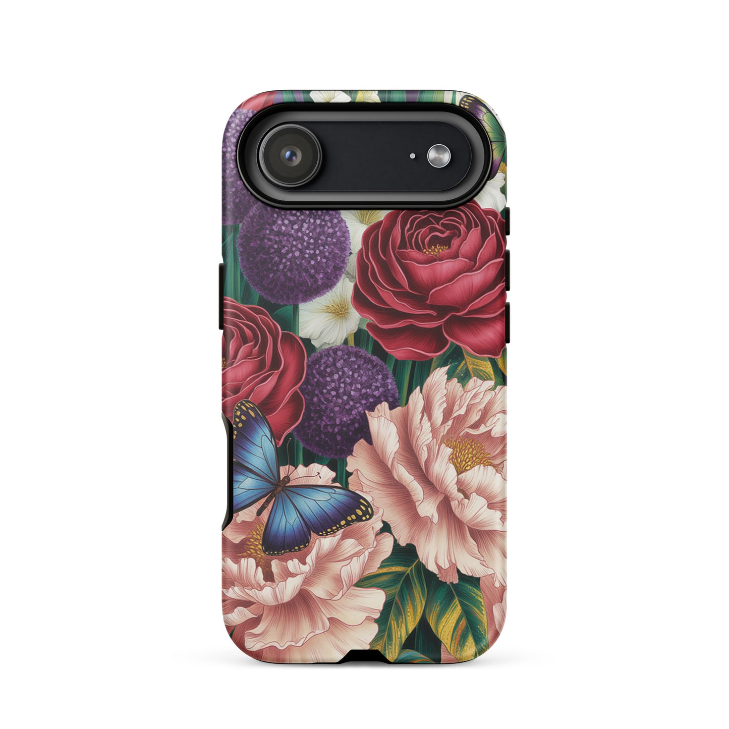 Phone Case for iPhone featuring a botanical garden design with crimson roses, pink peonies, purple alliums, and blue butterflies.