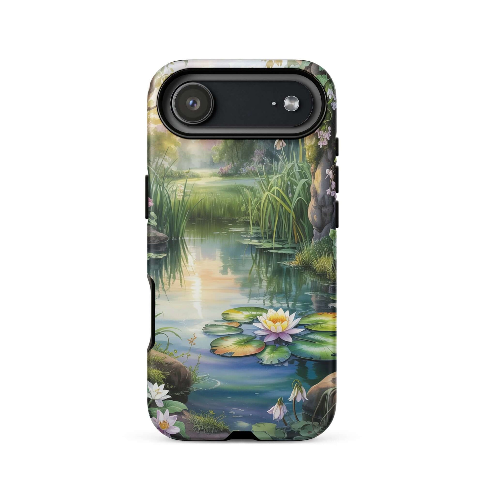 Phone Case for iPhone with enchanted pond design, featuring a peaceful lily-dotted pond, lush greenery, and sunset reflections.