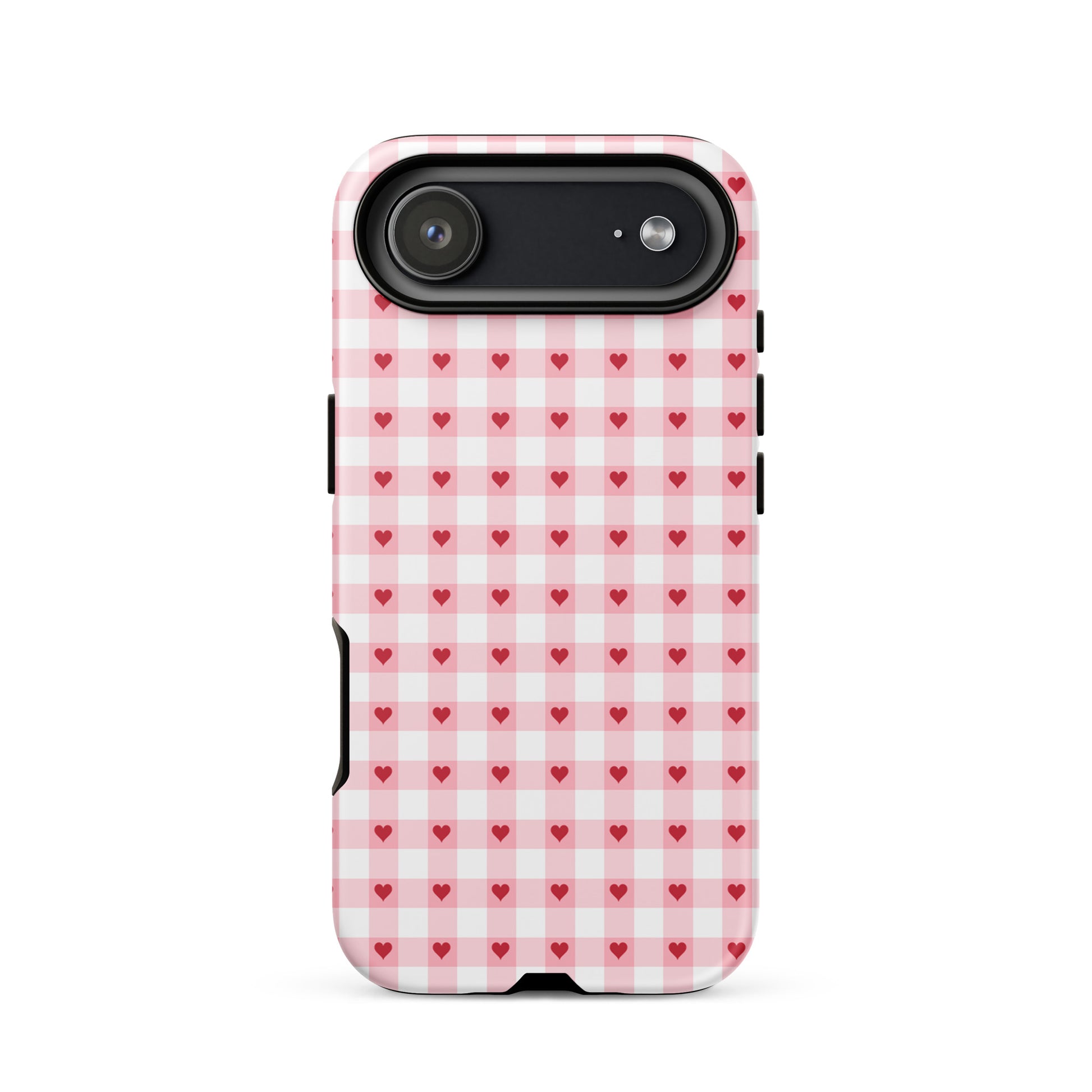 Phone Case for iPhone with pink-and-white gingham pattern and red hearts, blending playful charm and luxury.