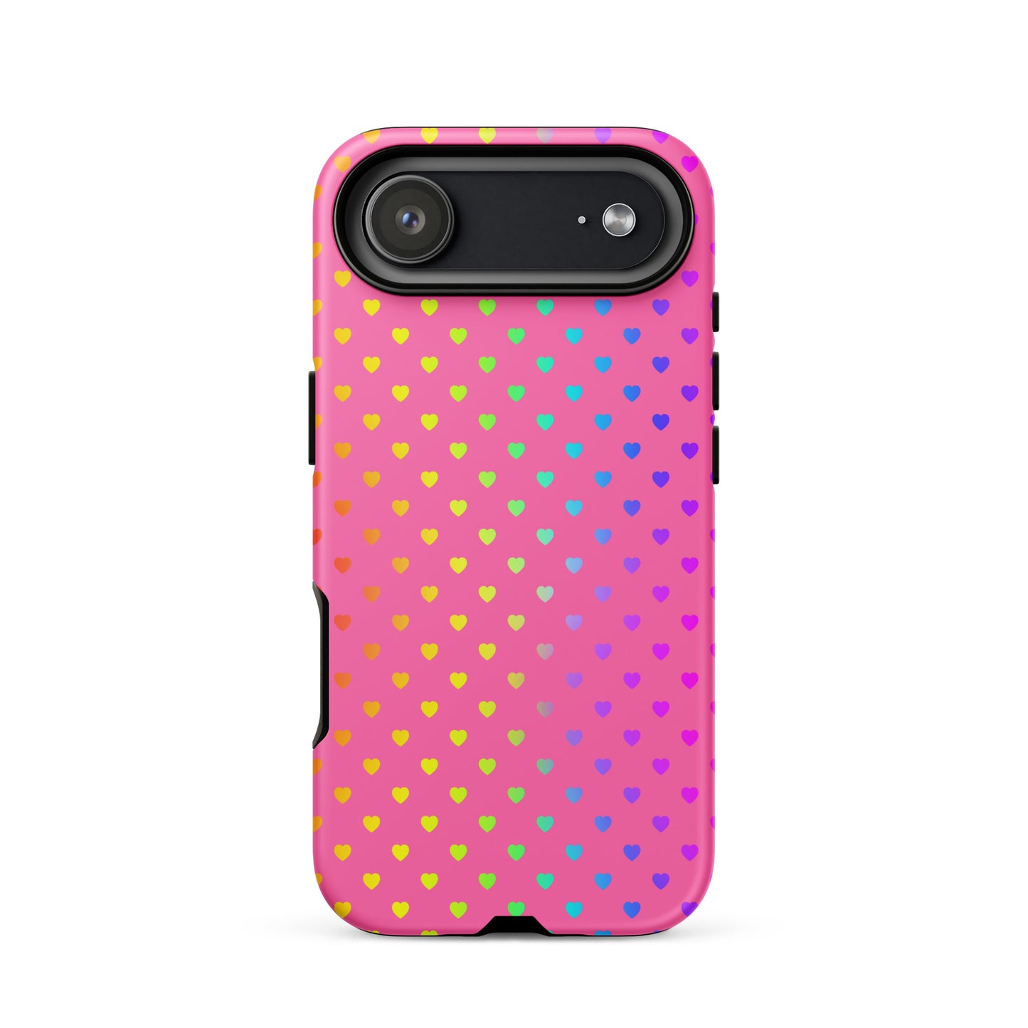 Phone Case for iPhone with cute rainbow hearts on pink background, playful and stylish design