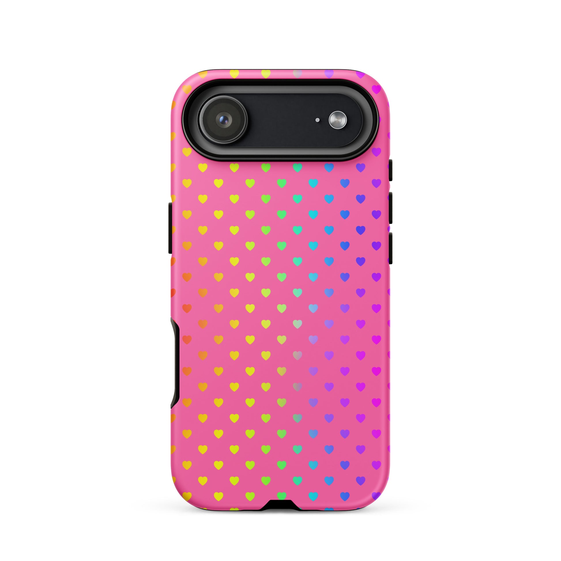 Phone Case for iPhone with cute rainbow hearts on pink background, playful and stylish design