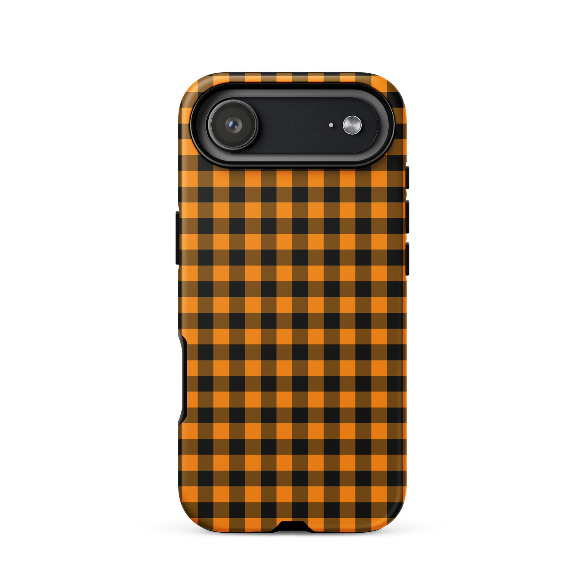 Phone case for iPhone with black-and-orange gingham autumn theme, offering stylish design and durability.