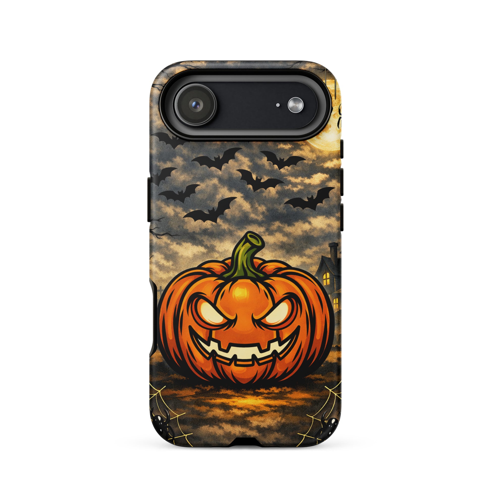 Phone Case for iPhone featuring a haunted Halloween scene with a glowing pumpkin, bats, and a spooky moonlit house design.