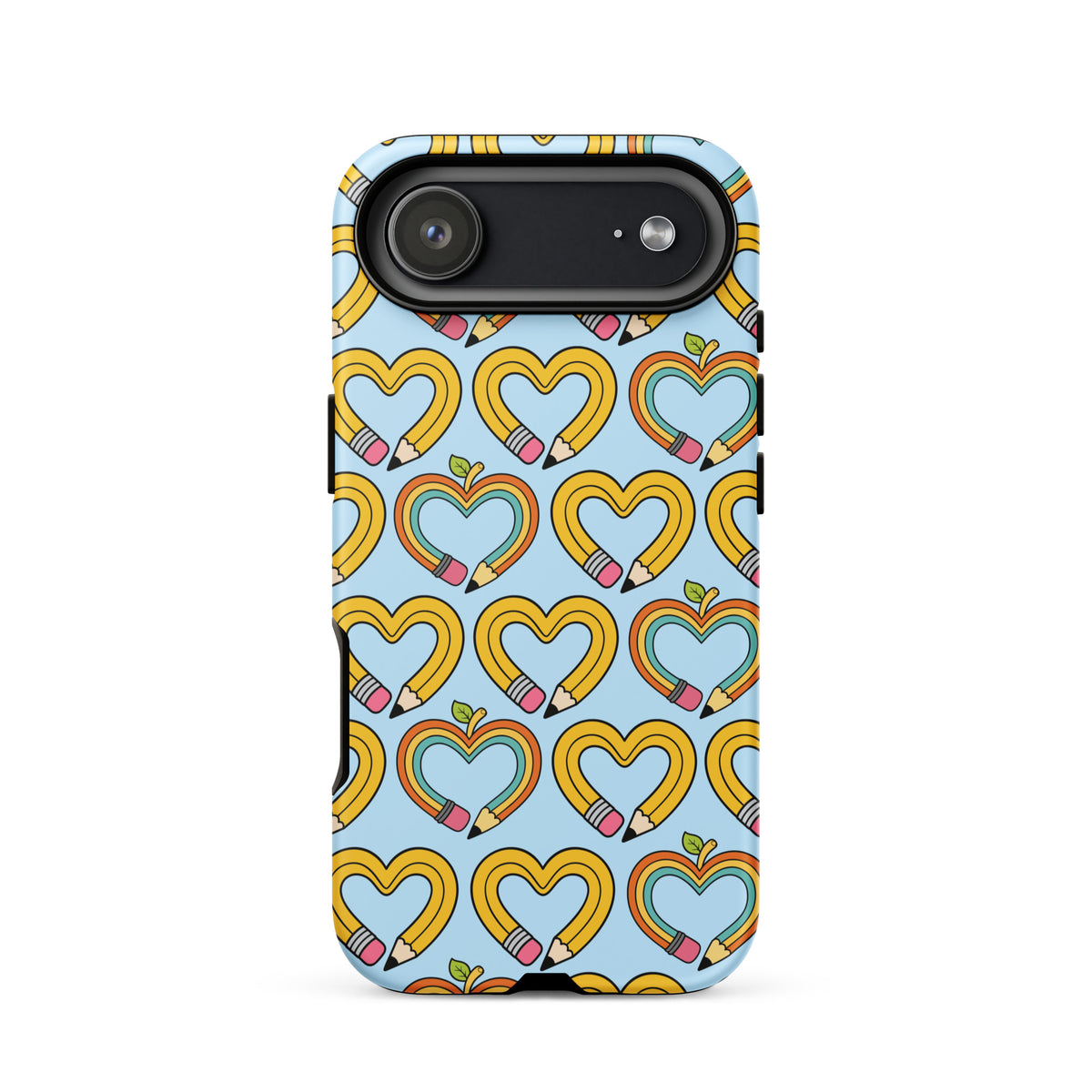 Phone Case with playful pencil-heart pattern, iPhone case featuring whimsical design with hearts and leaves, school-themed accessory.