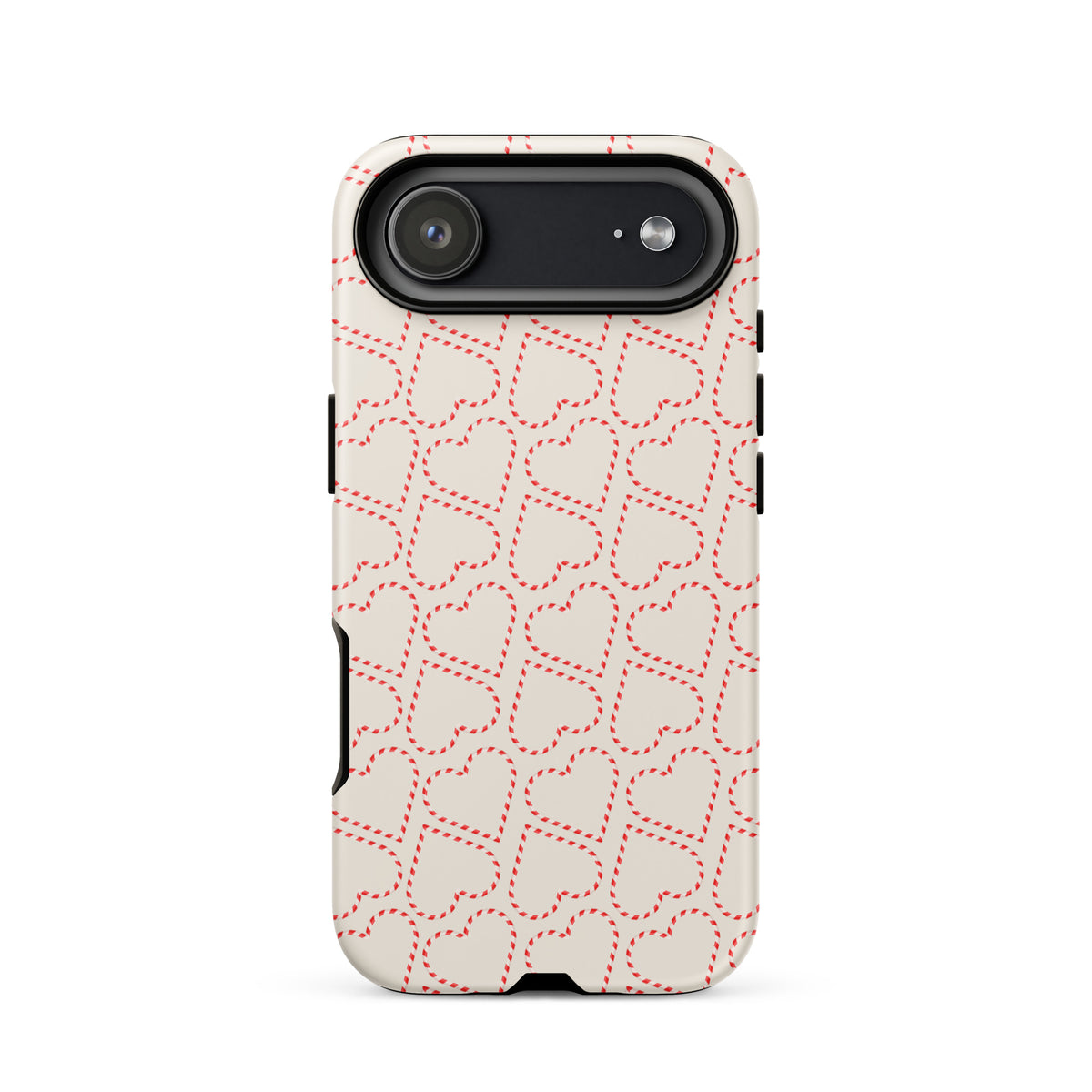 Phone Case for iPhone with candy cane heart pattern, festive red and white stripes, perfect for holiday celebrations and winter charm.