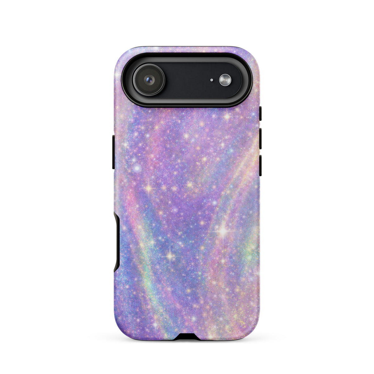 Phone Case for iPhone with cosmic swirl design in pastel purples, pinks, blues, and golden sparkles, resembling a dreamy galaxy.