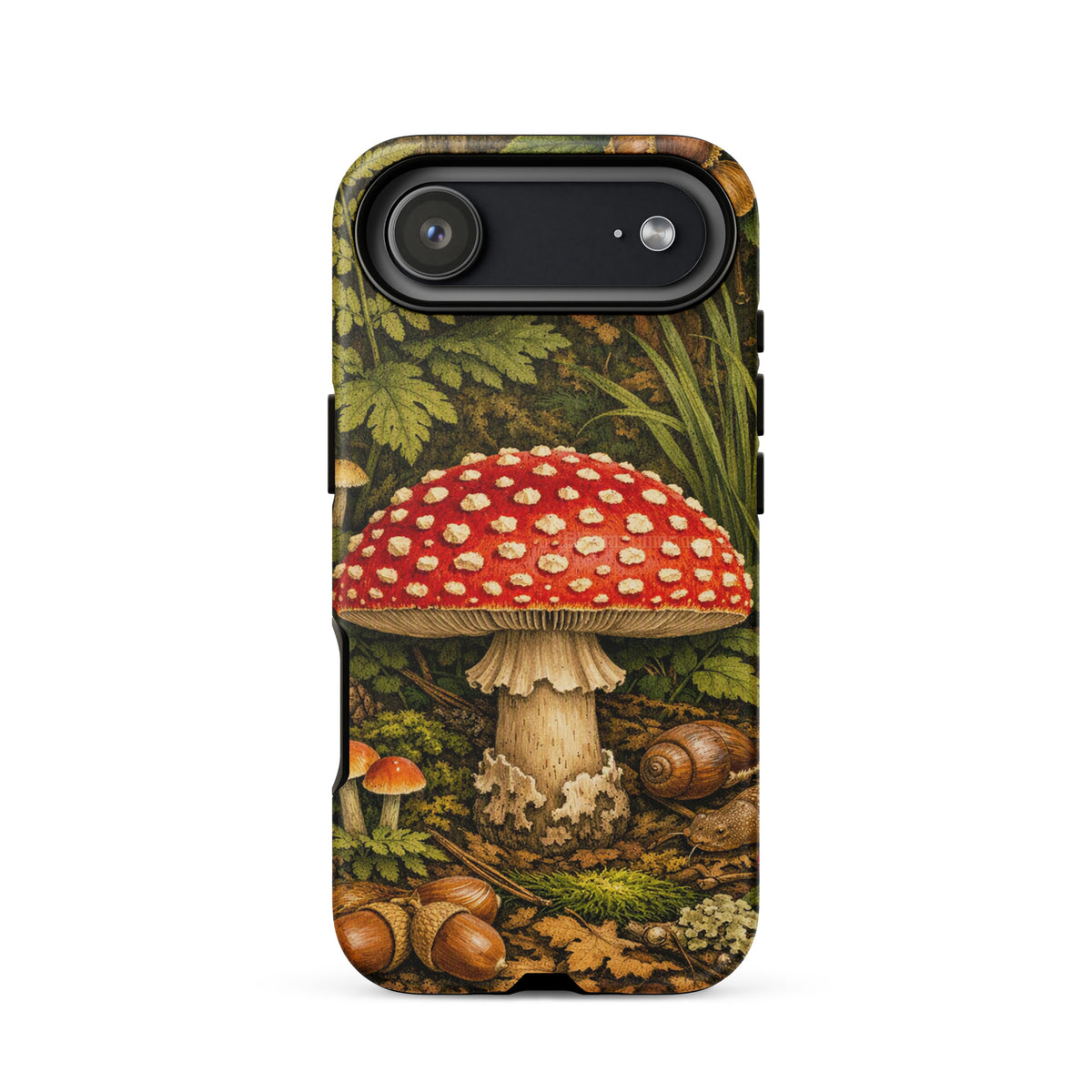Phone Case featuring Amanita muscaria mushroom design in lush forest background for iPhone.