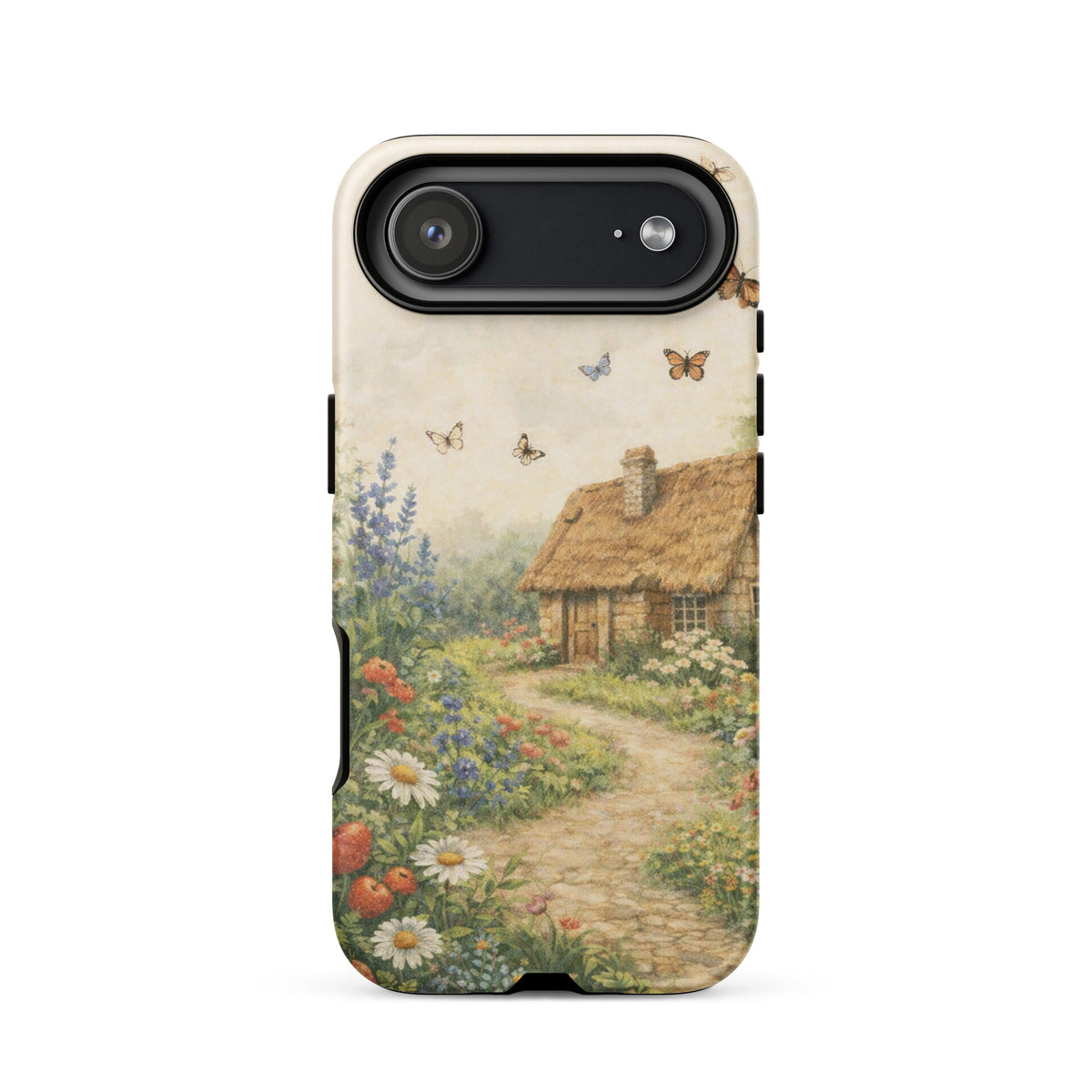 Phone Case featuring a cottage garden art with a stone cottage, daisies, poppies, and a winding path on a cream background.