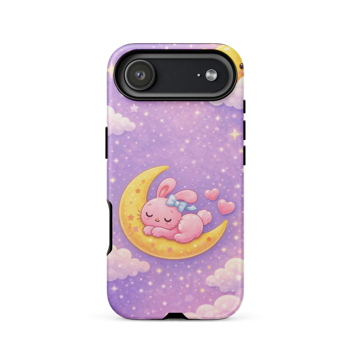 Phone Case for iPhone with cozy bunny on crescent moon design, featuring pastel stars and clouds, perfect for dreamy smartphone protection.