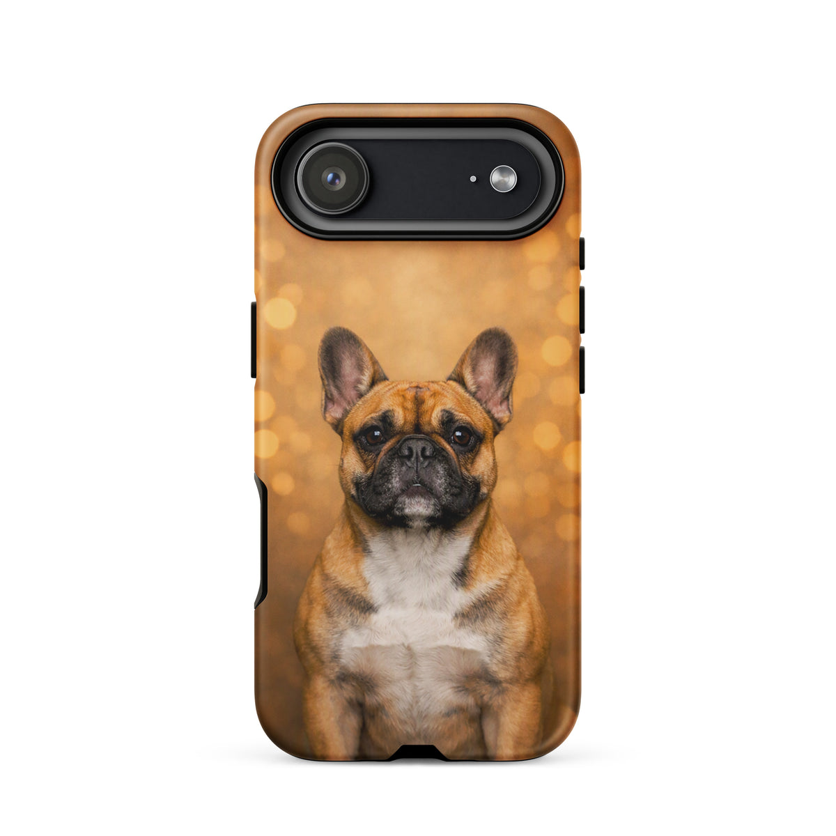 Phone Case for iPhone with French Bulldog Portrait on warm golden bokeh background, Warm Glow Edition, adds charm and sophistication.