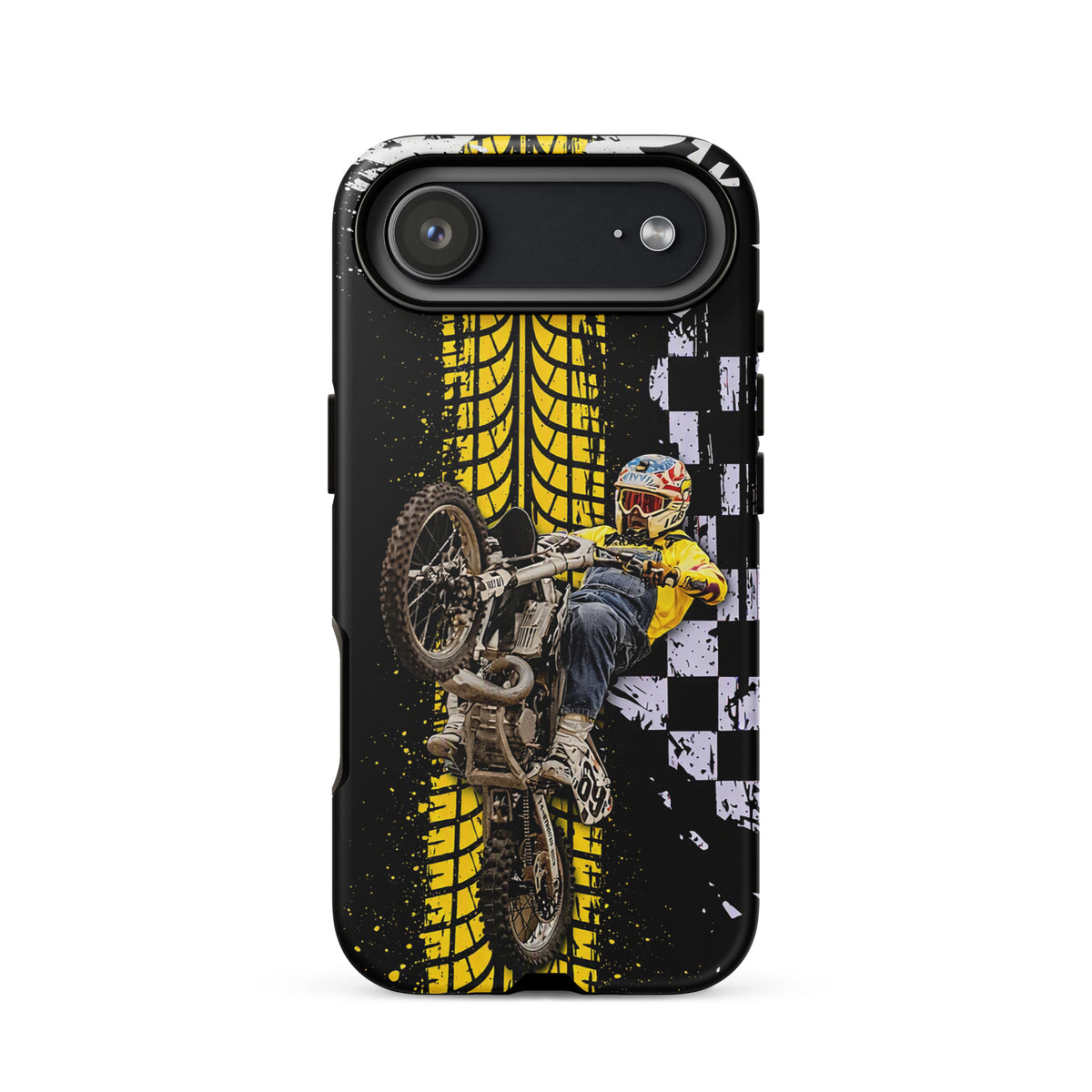 Phone Case for iPhone featuring Ronnie Mac in air-wheelie with checkered pattern and tire tread design in black, white, and yellow.