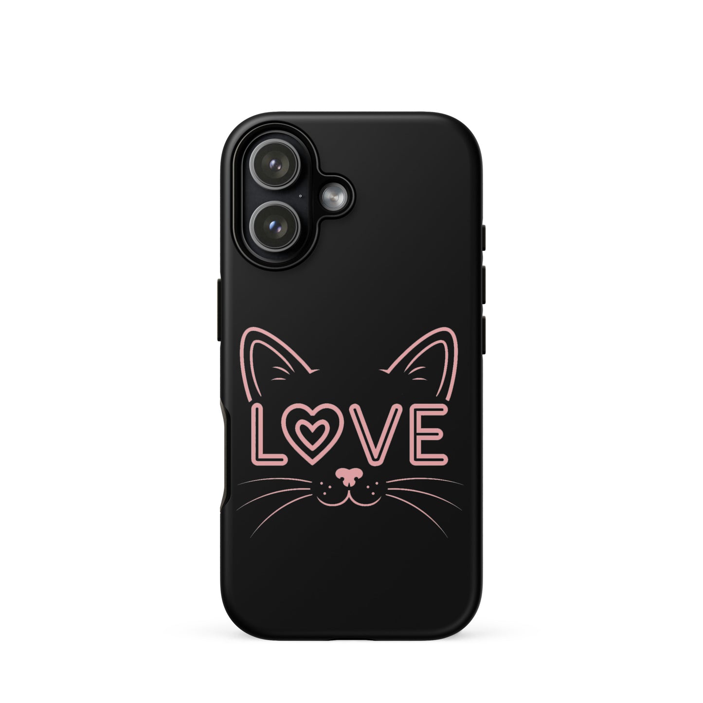 Cat Love phone case for iPhone featuring minimalist cat face design with love text in pink.