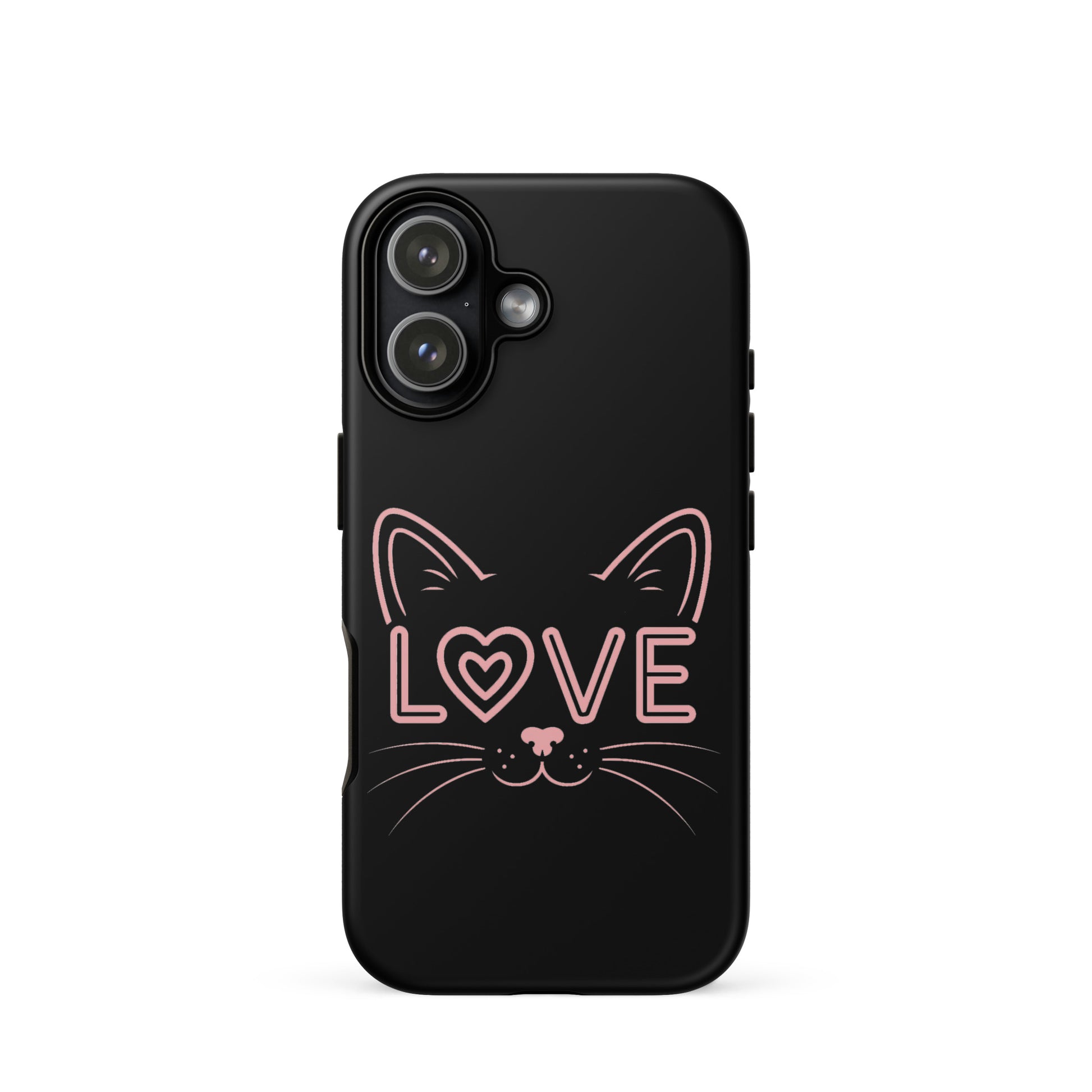 Cat Love phone case for iPhone featuring minimalist cat face design with love text in pink.