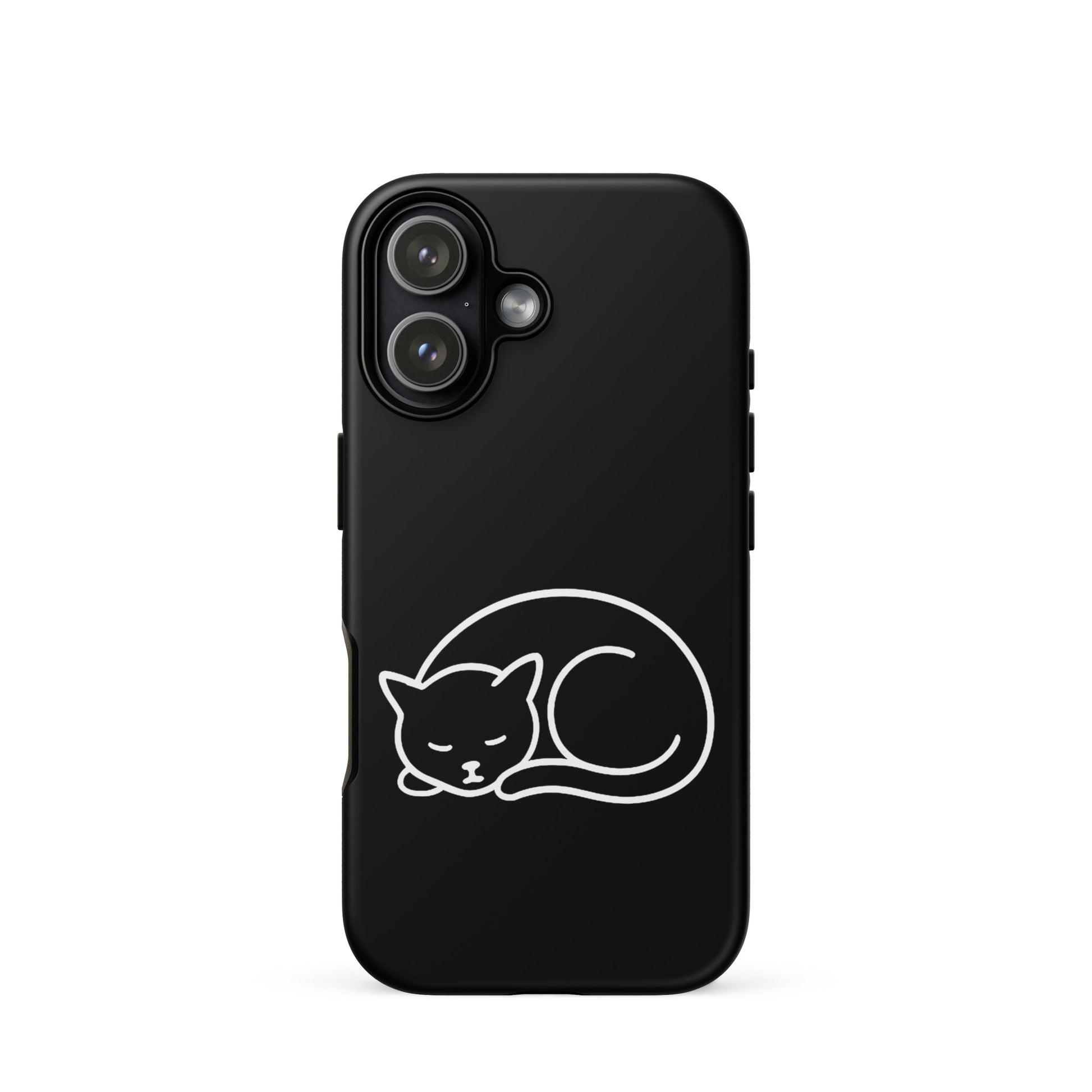 Phone case for iPhone featuring a minimalist curled-up cat design on a black background.