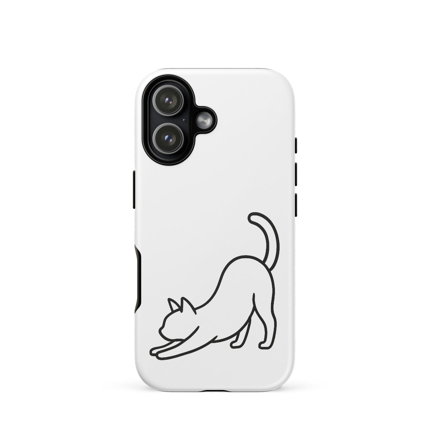 Phone Case featuring minimalist stretching cat design on a white background for dual-layer protection.