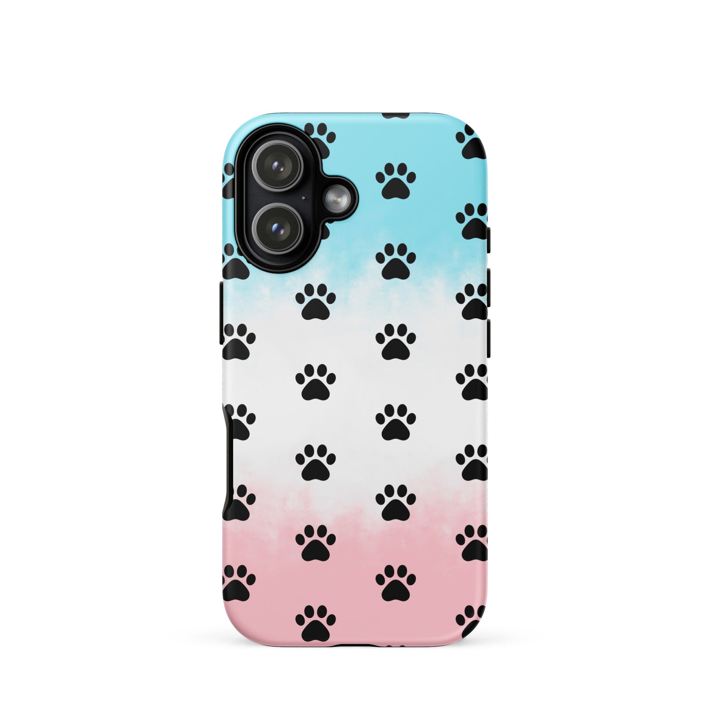 Phone Case for iPhone with a playful paw print pattern in blue and pink.