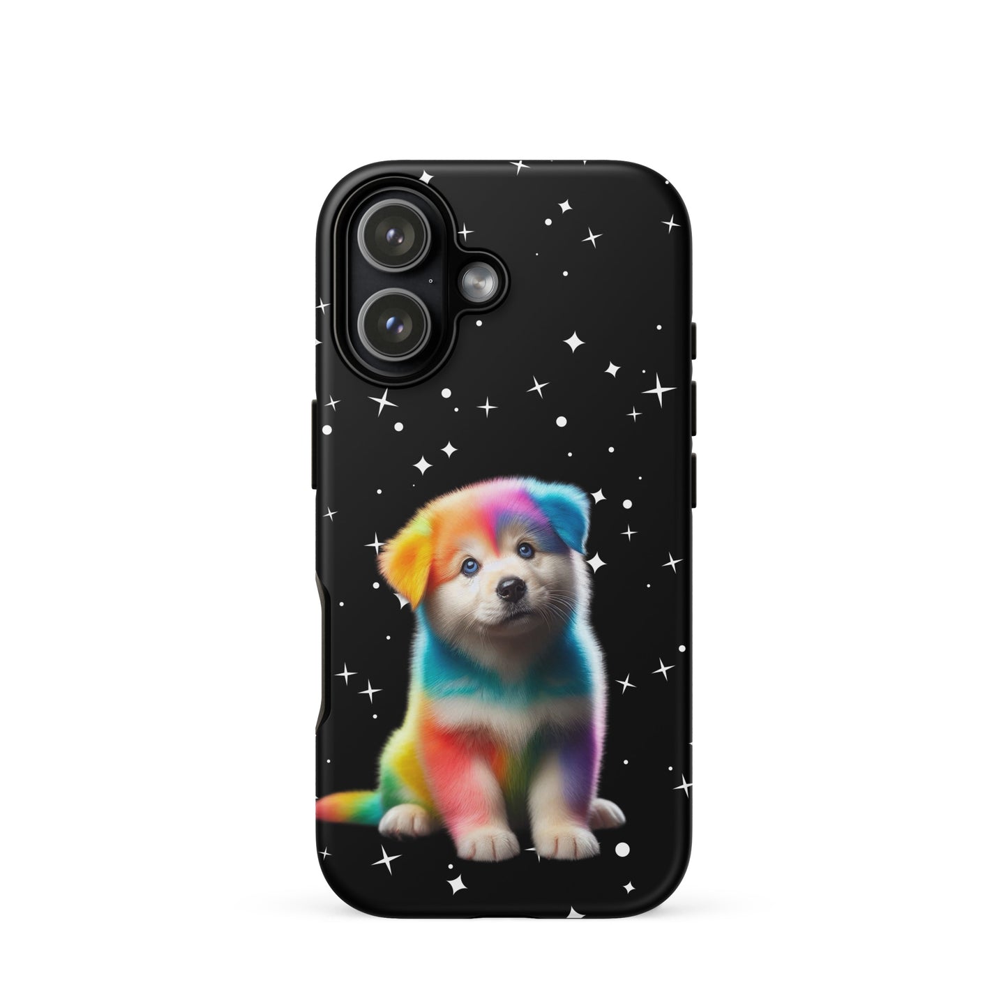 Phone Case for iPhone featuring a rainbow puppy design against a starry night sky background.
