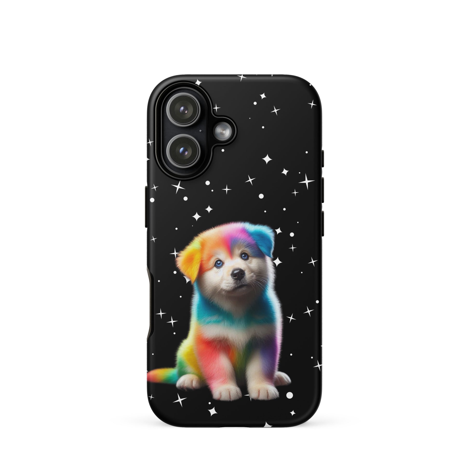 Phone Case for iPhone featuring a rainbow puppy design against a starry night sky background.