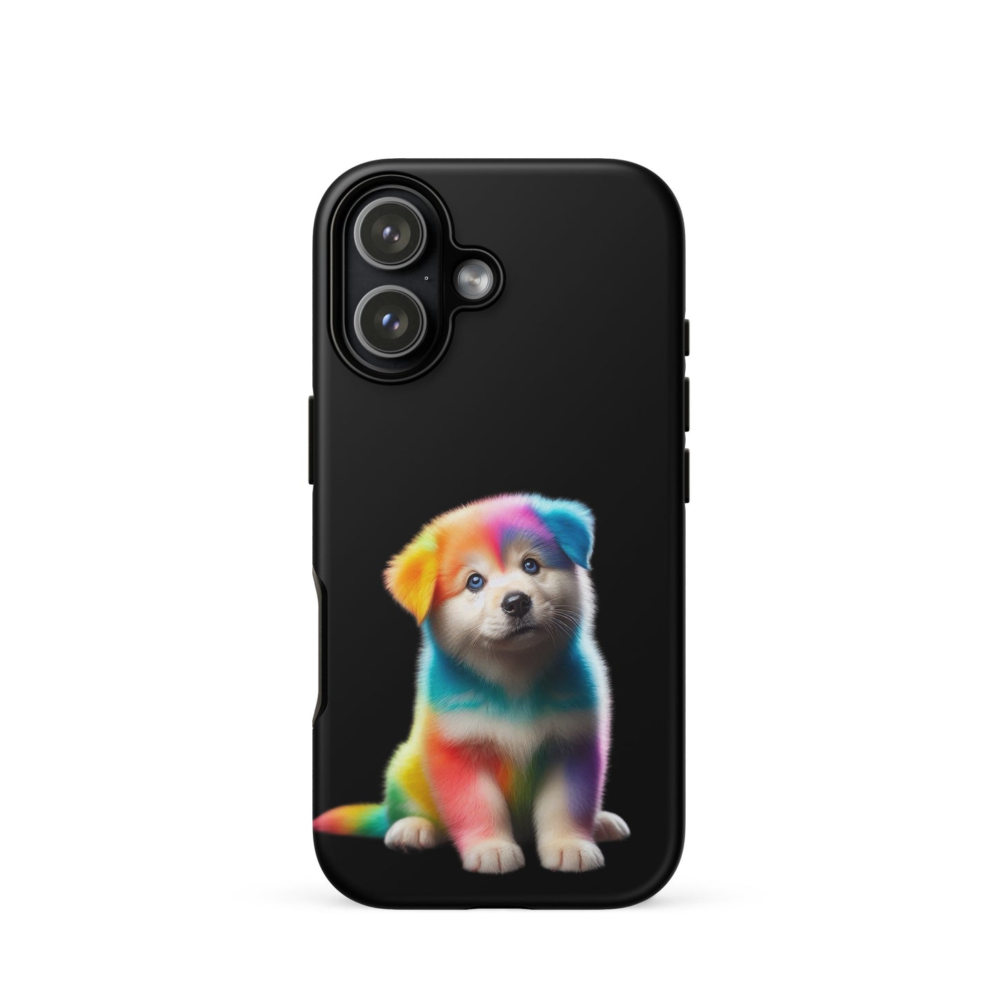 Phone Case featuring a colorful rainbow puppy design on a black background, perfect for pet lovers.