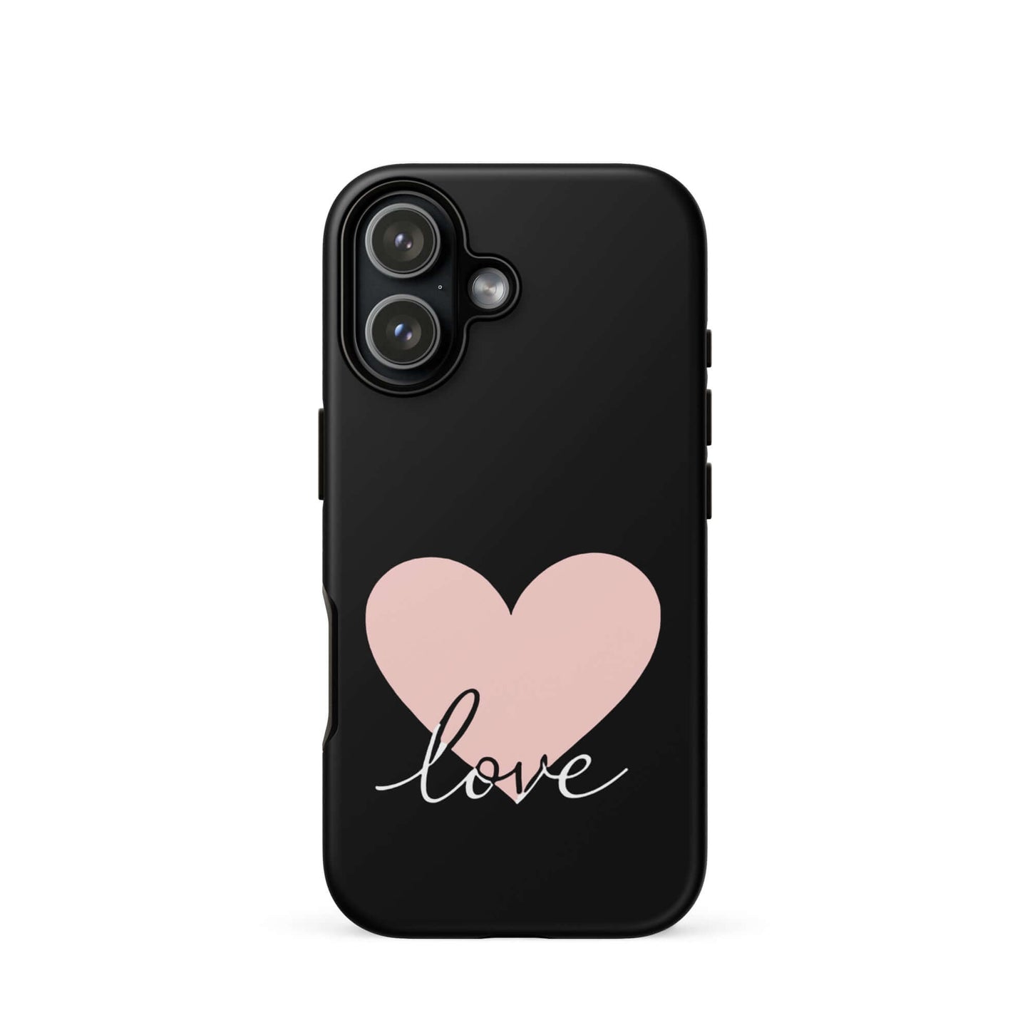 Phone Case for iPhone featuring a pink heart and love script design on a black background.