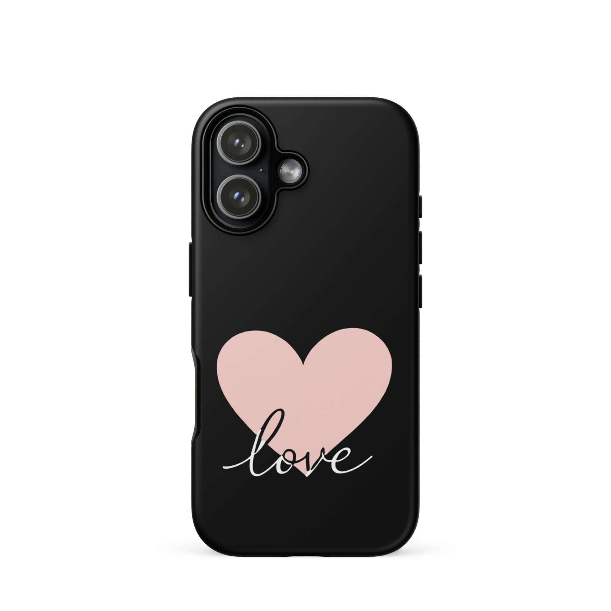 Phone Case for iPhone featuring a pink heart and love script design on a black background.