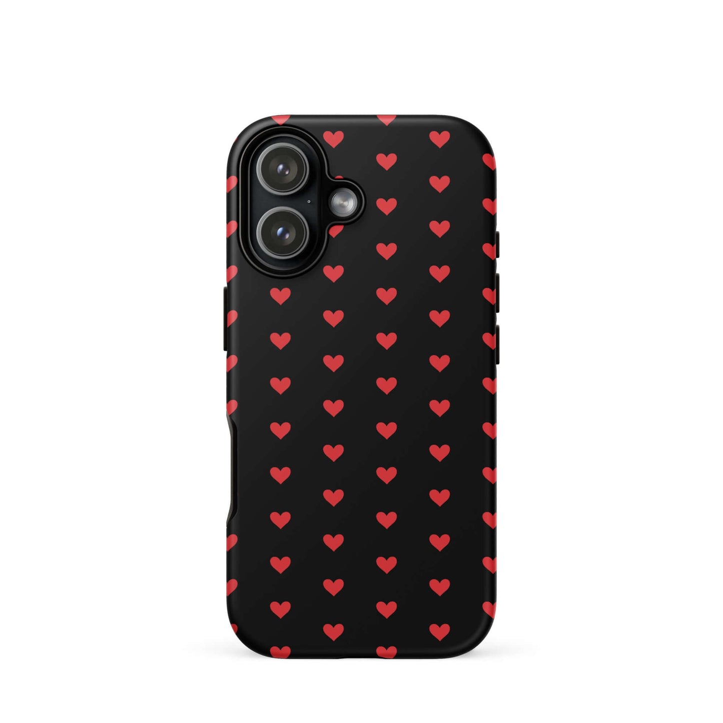 Phone Case for iPhone featuring a pattern of fiery red hearts on a black background, perfect blend of style and durability.