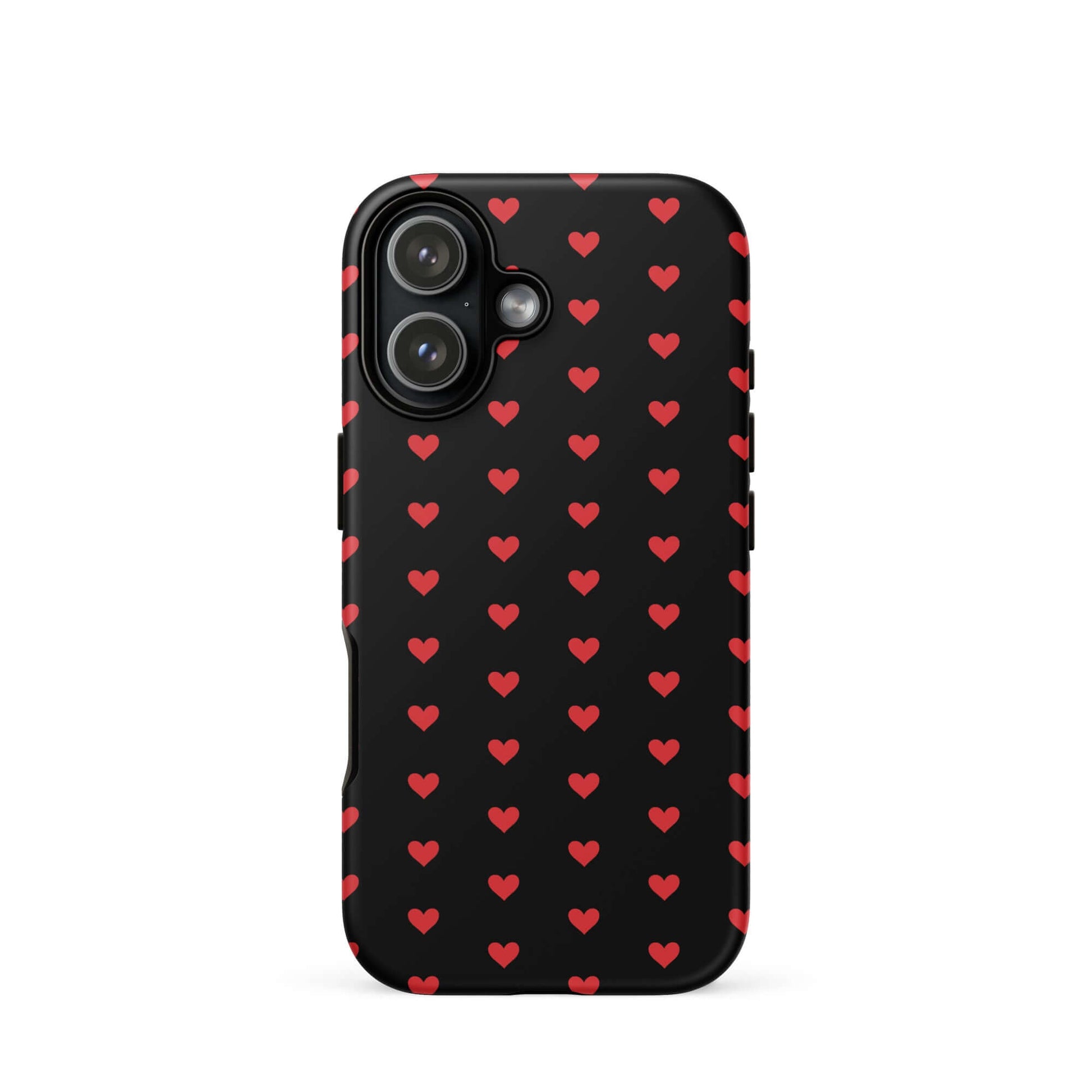 Phone Case for iPhone featuring a pattern of fiery red hearts on a black background, perfect blend of style and durability.