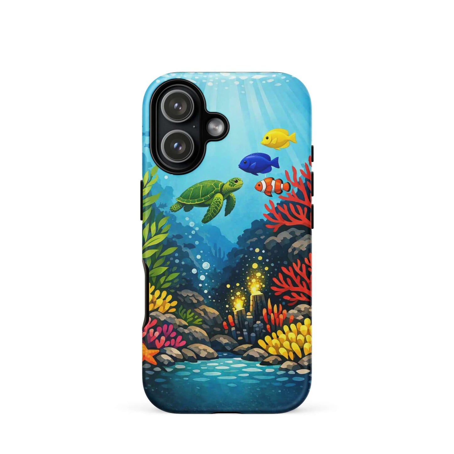 Phone case featuring vibrant sea turtle and coral reef design with colorful fish, perfect for ocean lovers.