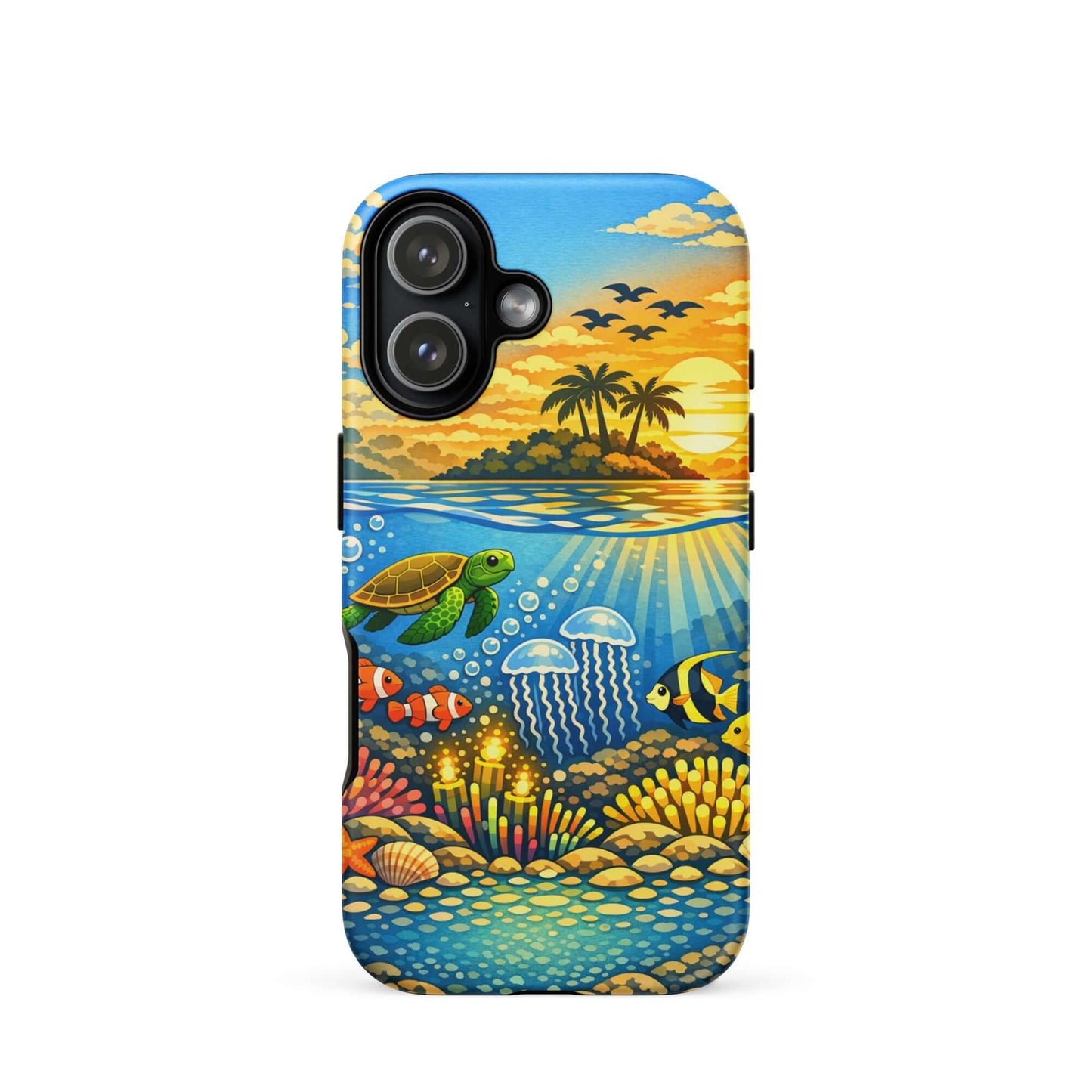 Phone Case featuring a tropical sunset and underwater reef with marine life.