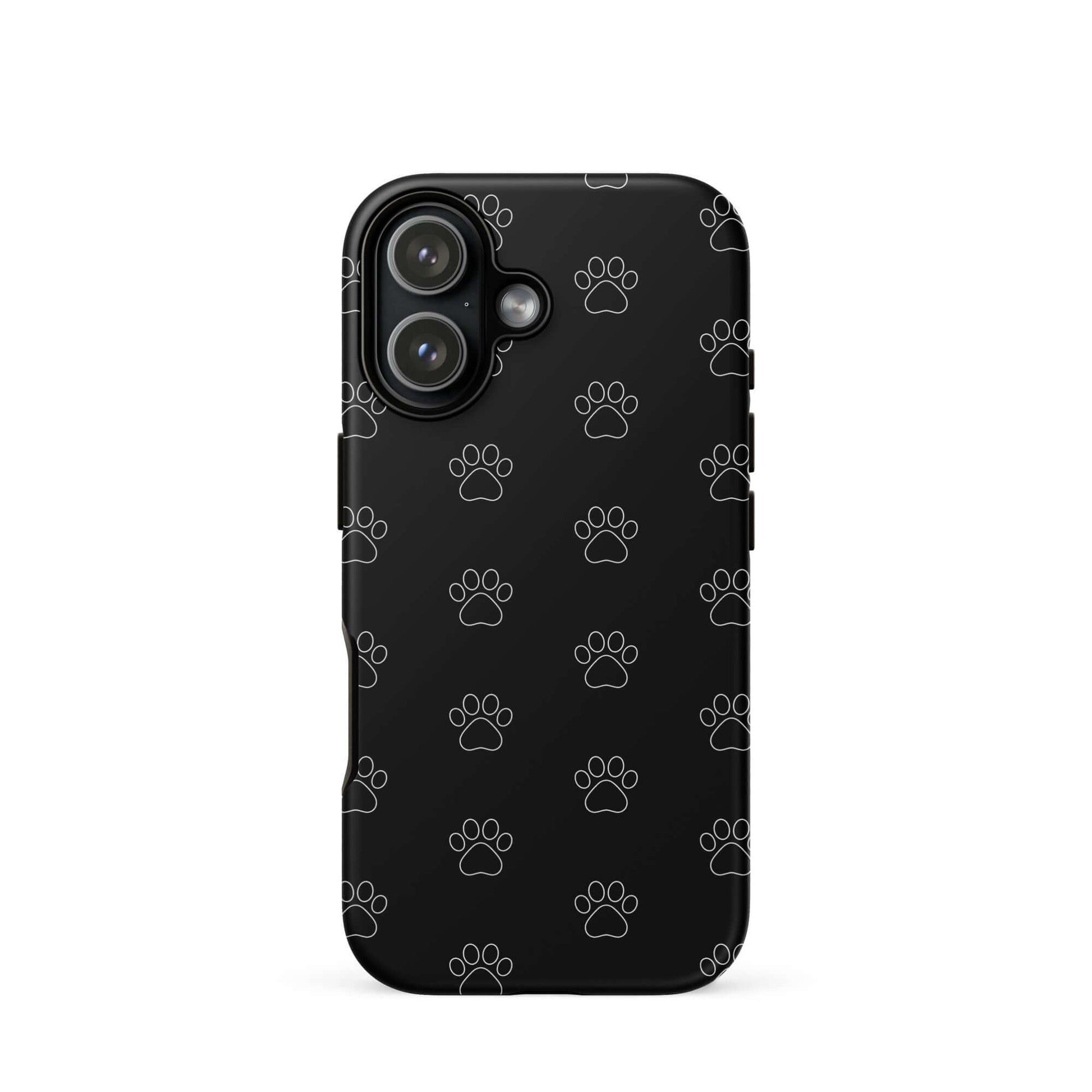 Phone Case for iPhone featuring a playful paw print pattern on a black background.