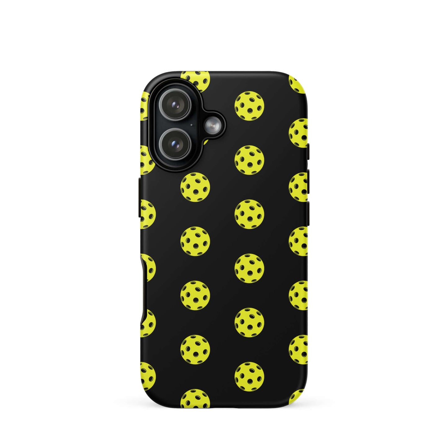 Phone Case featuring a vibrant pickleball pattern on a black background for sporty style.
