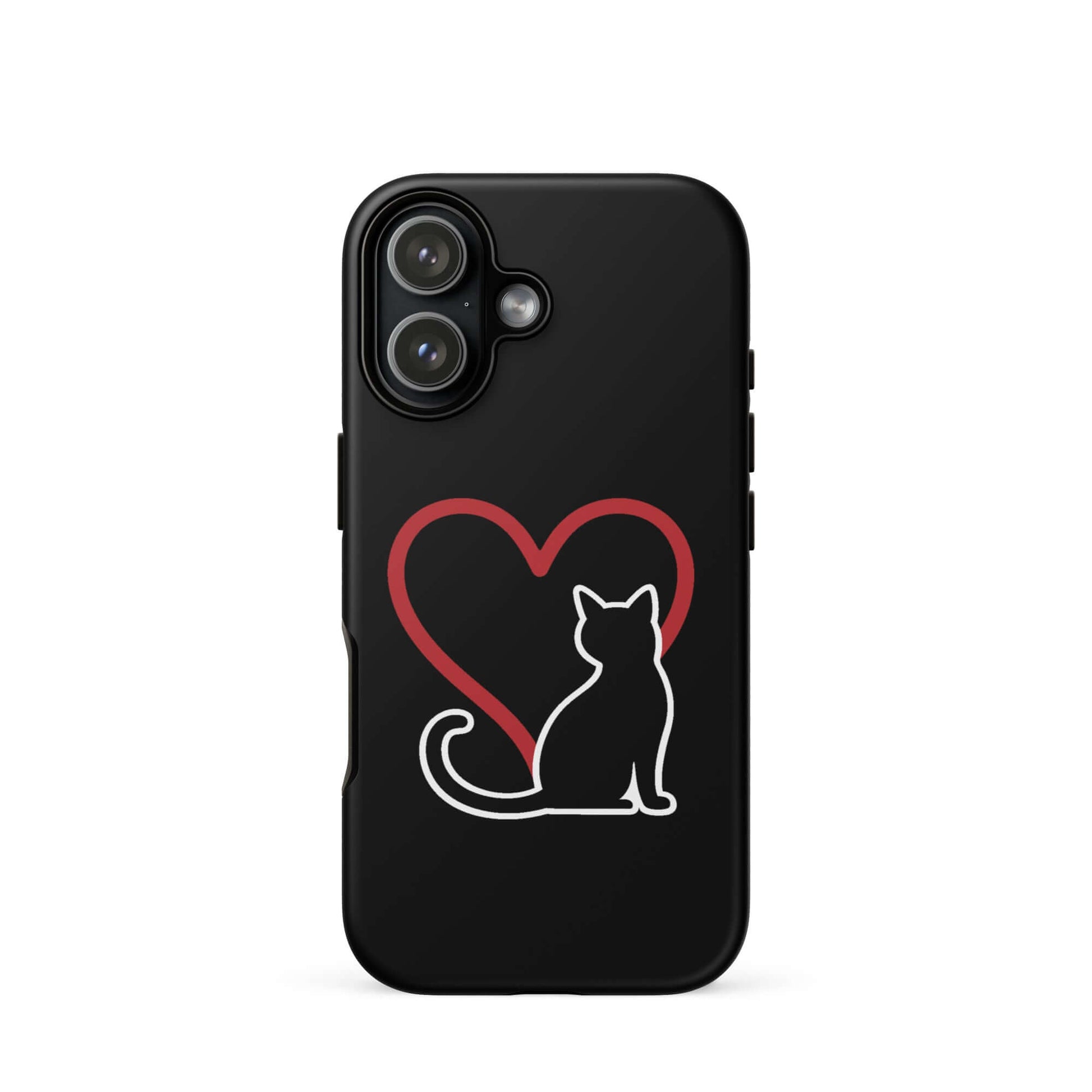 Phone Case for iPhone featuring a cat silhouette and red heart design, perfect for cat lovers.